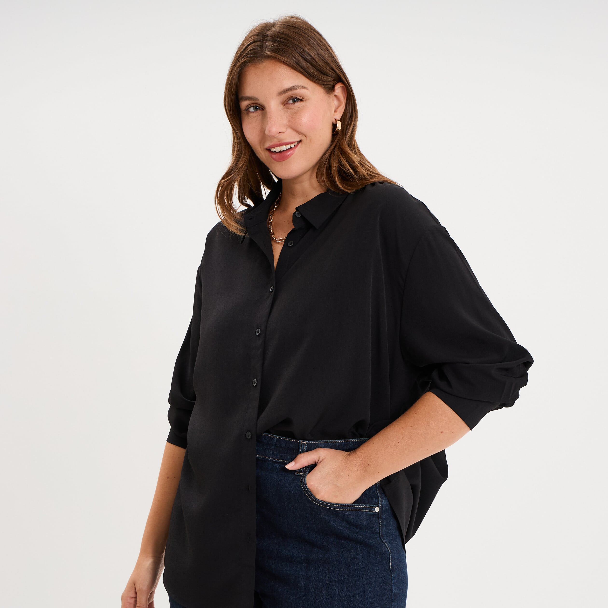 Chemise fluide manches longues noir femme grande taille