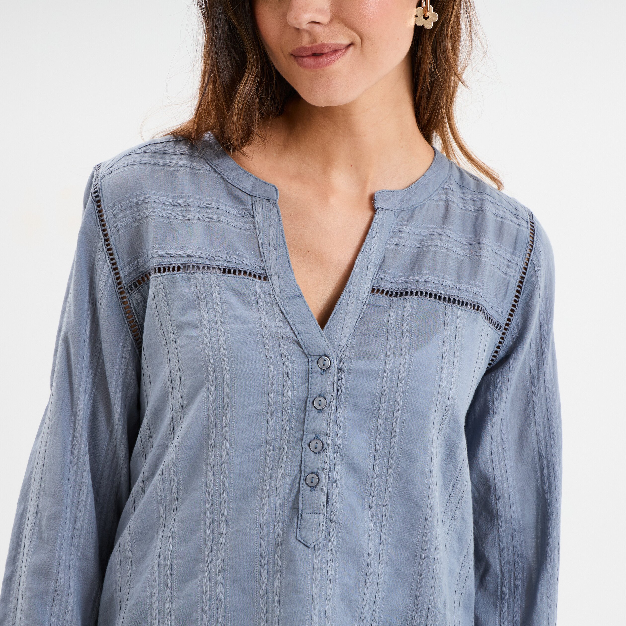 blouse droite col mao coton bleu gris femme Blouse droite col mao coton bleu gris femme