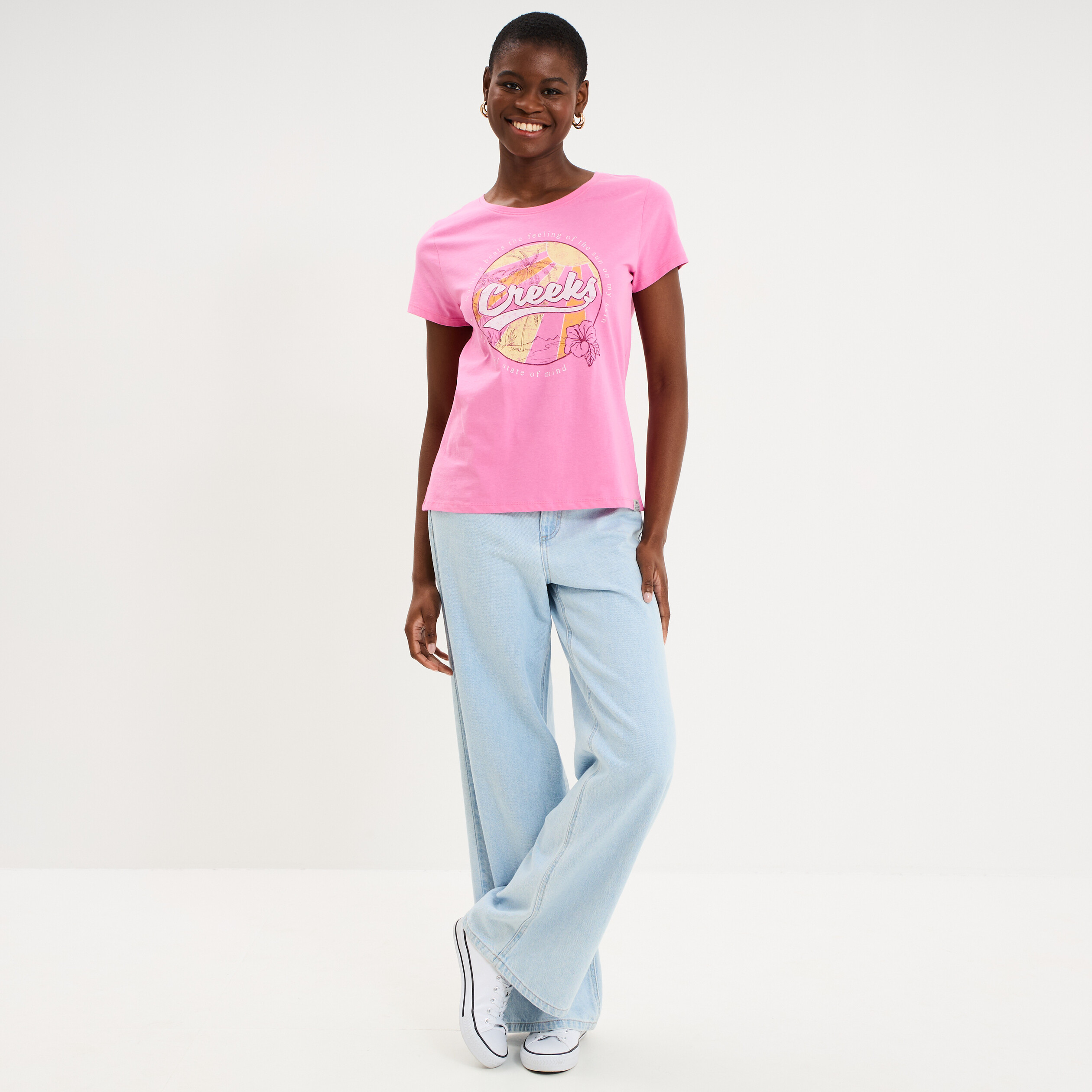 T-shirt manches courtes col rond coton rose femme