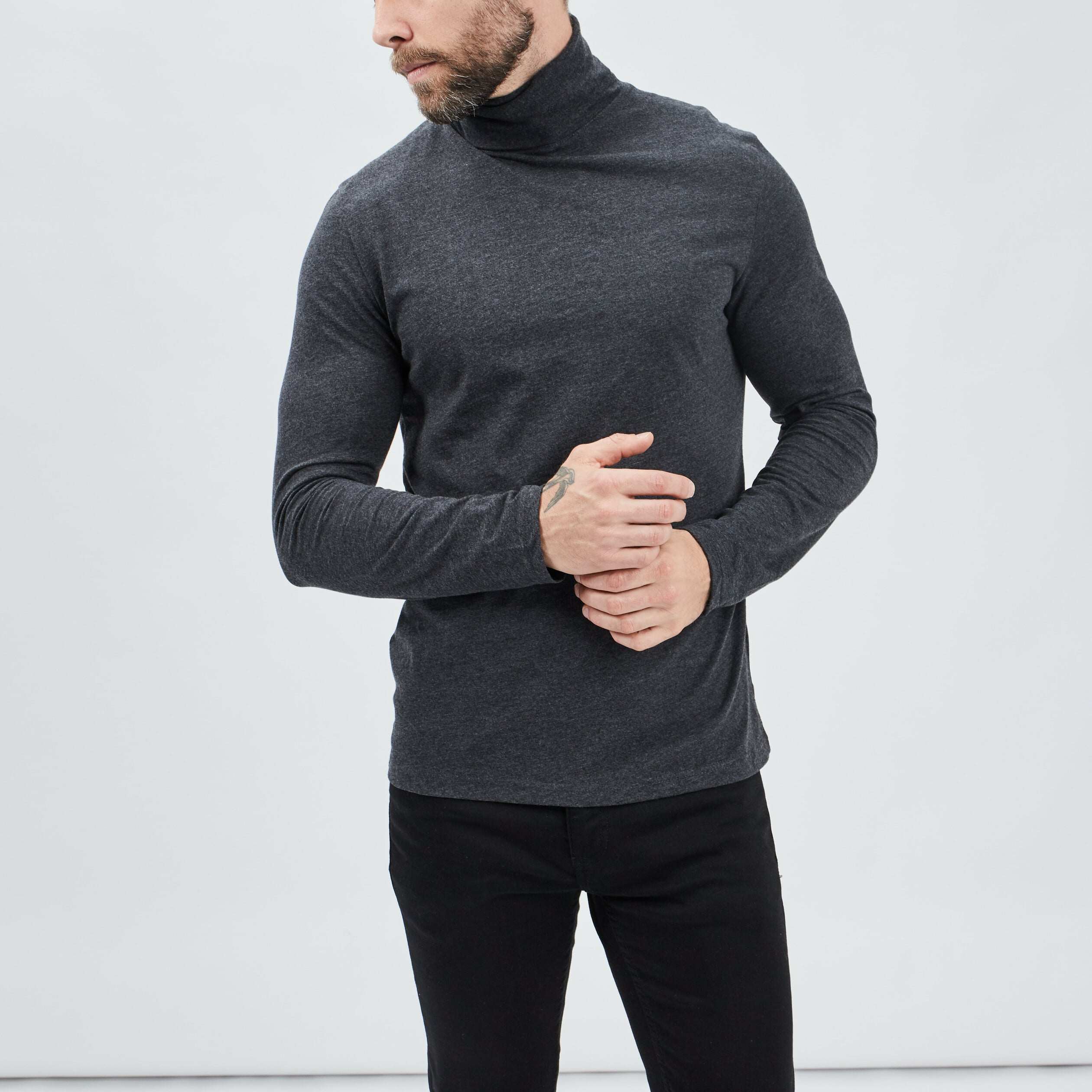 T-shirt col roul&eacute; manches longues gris fonc&eacute; homme