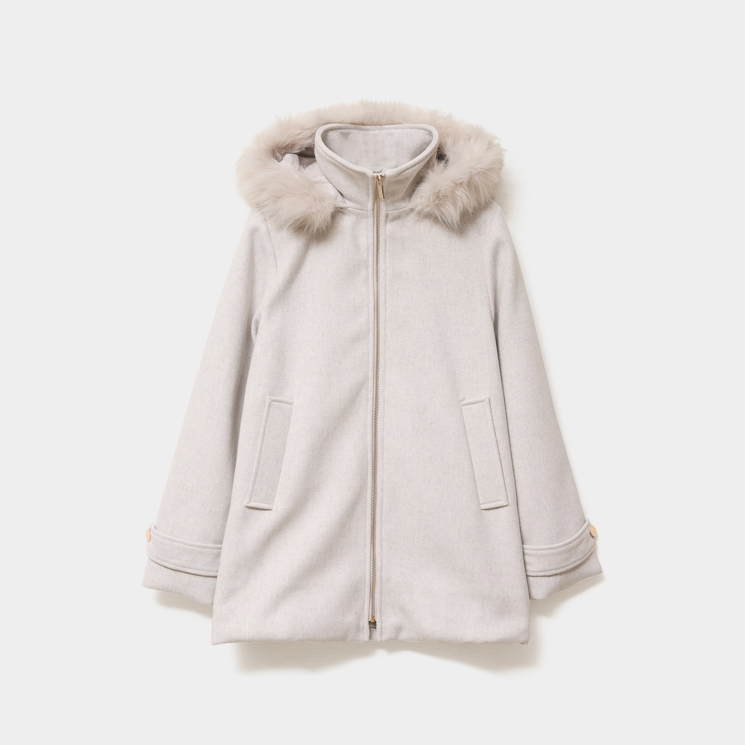 Manteau &agrave; capuche fausse fourrure gris clair femme