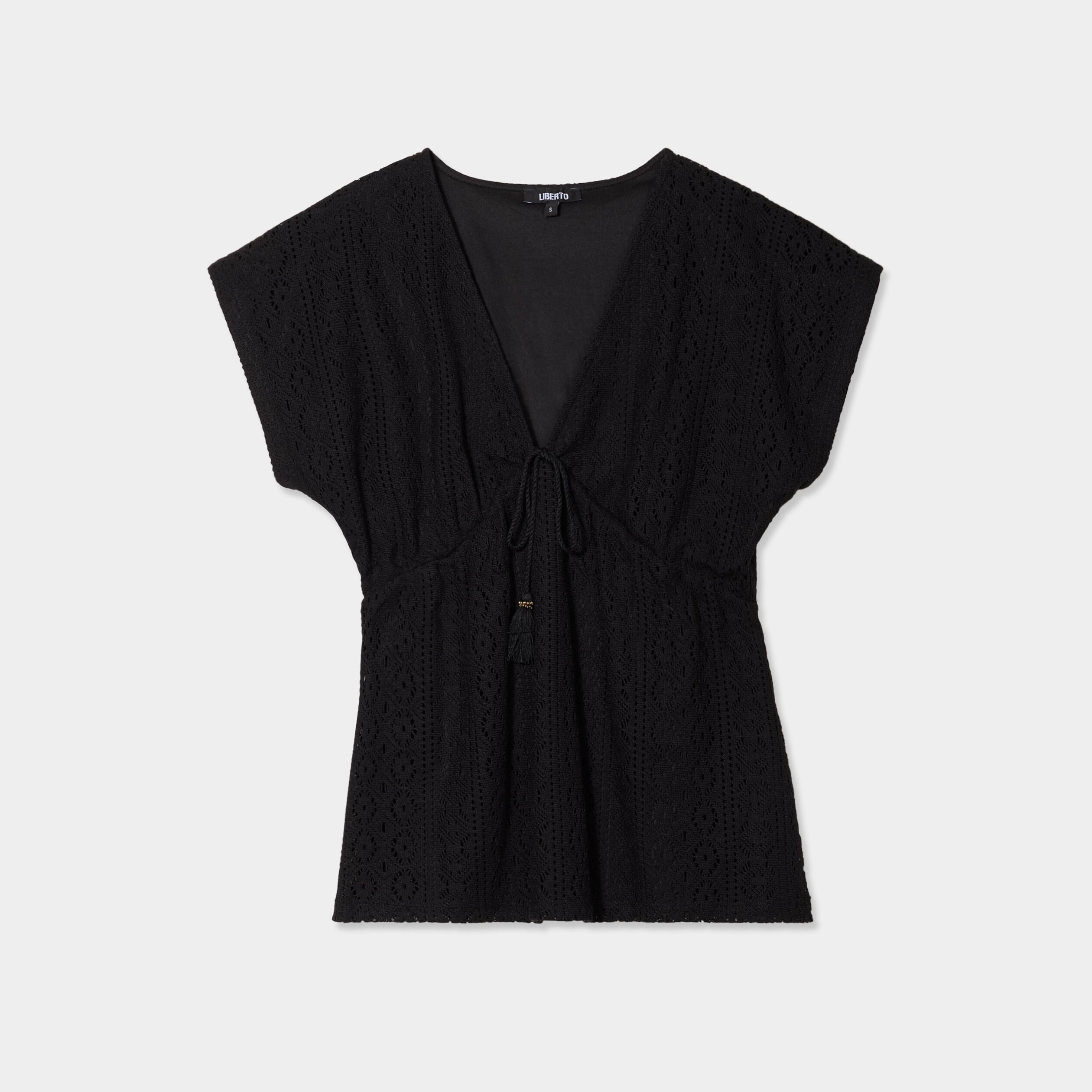 T-shirt dentelle col en V noeud noir femme