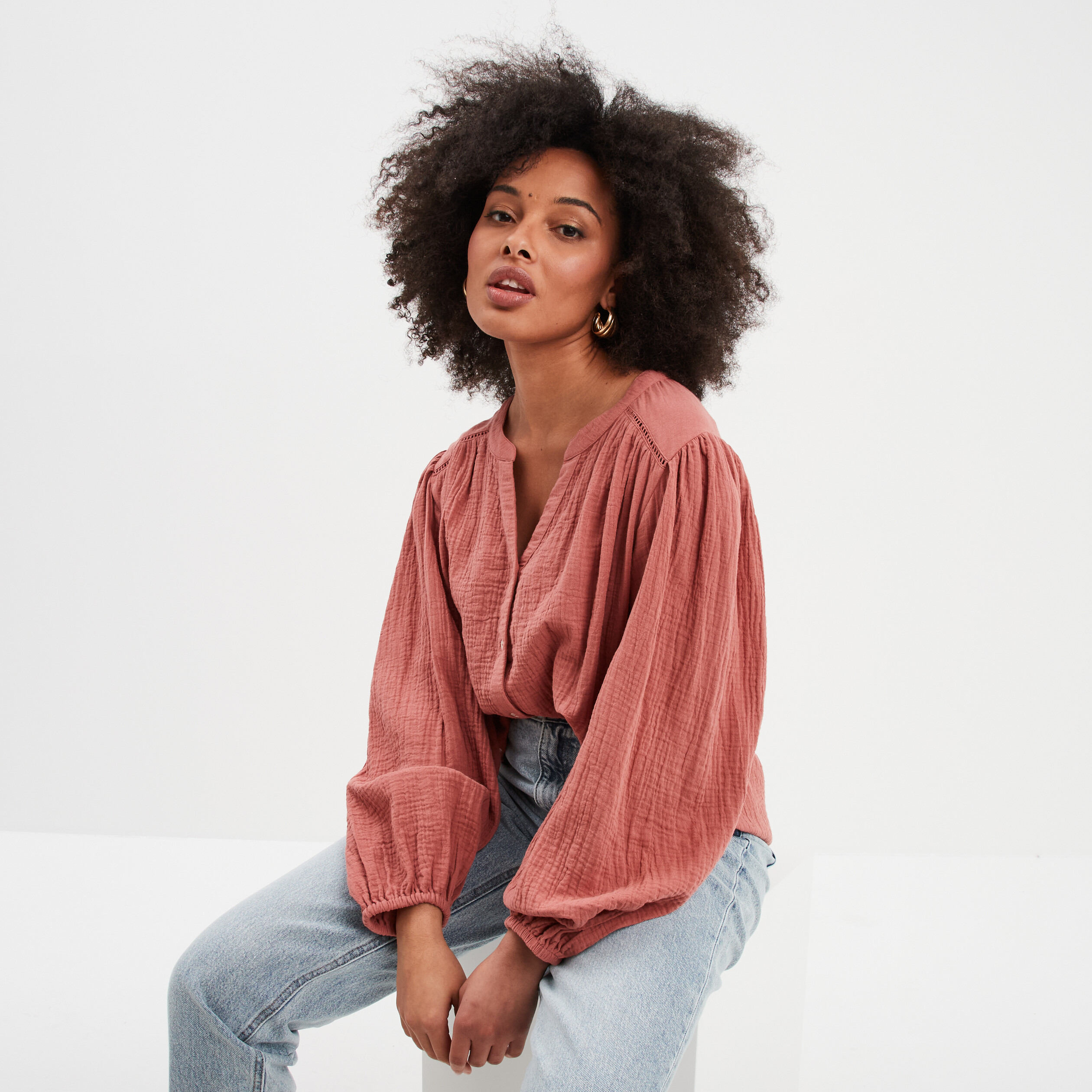 blouse col tunisien gaze de coton creeks vieux rose femme Blouse col tunisien gaze de coton Creeks vieux rose femme