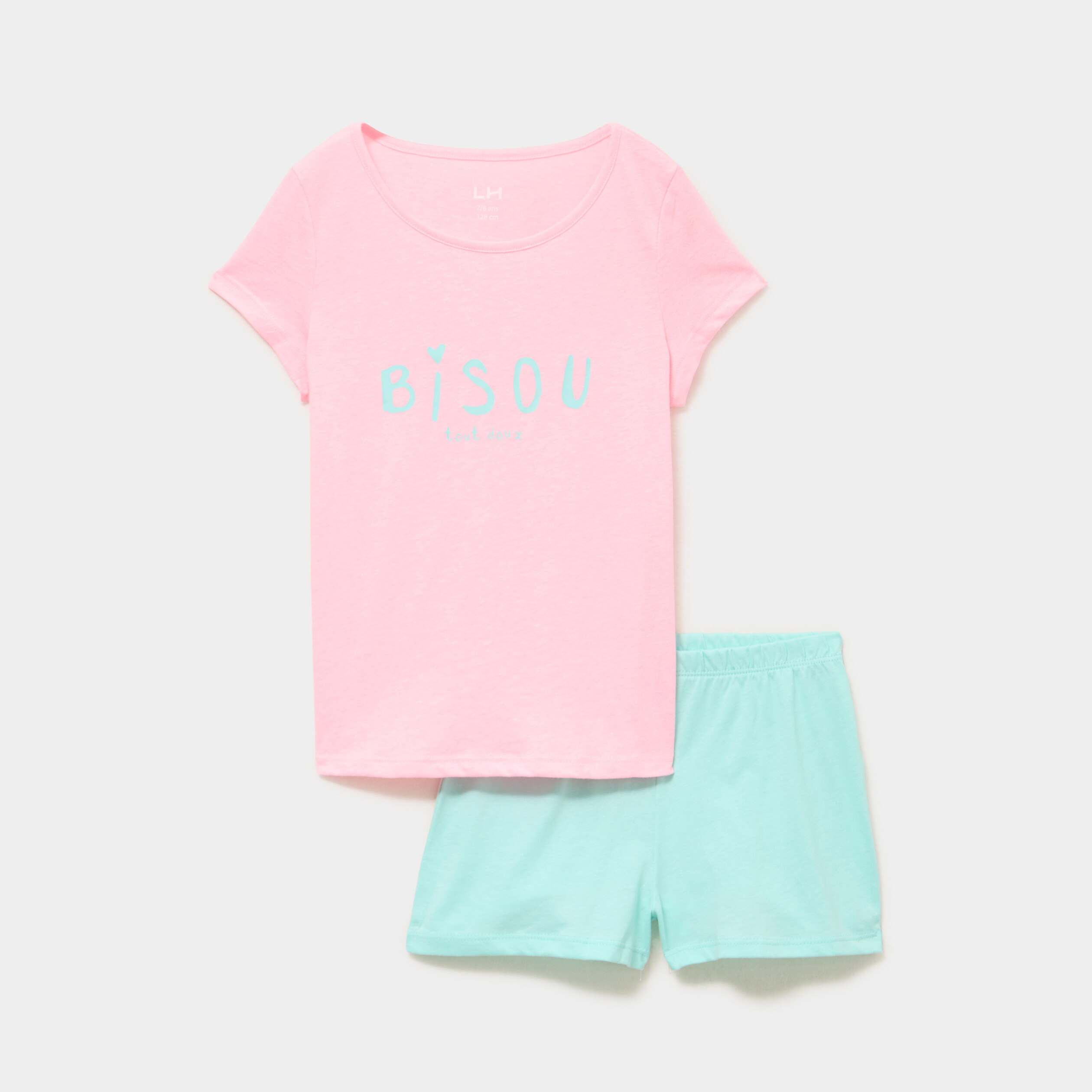 Ensemble pyjama short et t-shirt coton rose fluo fille