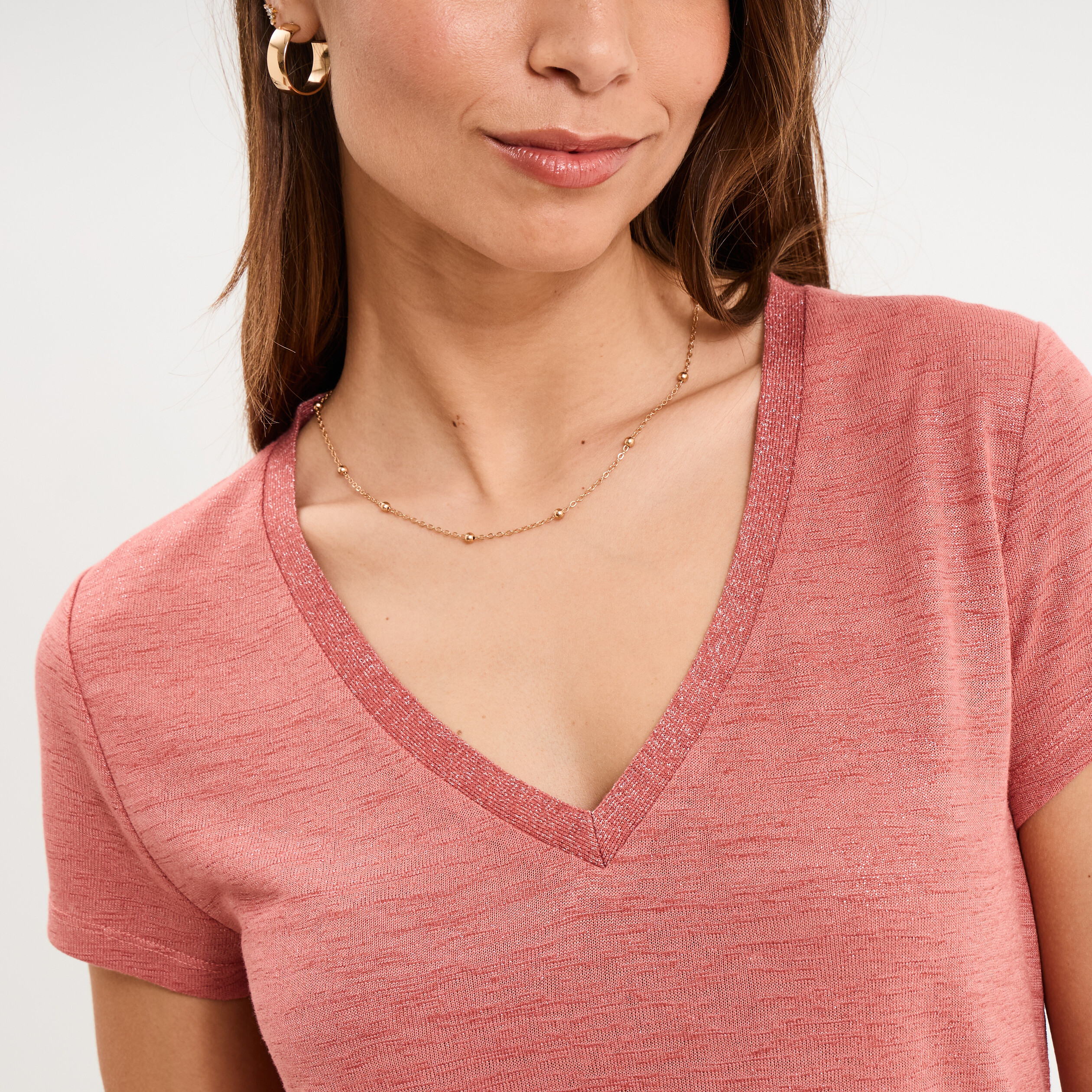 T-shirt col en V manches courtes terracotta femme