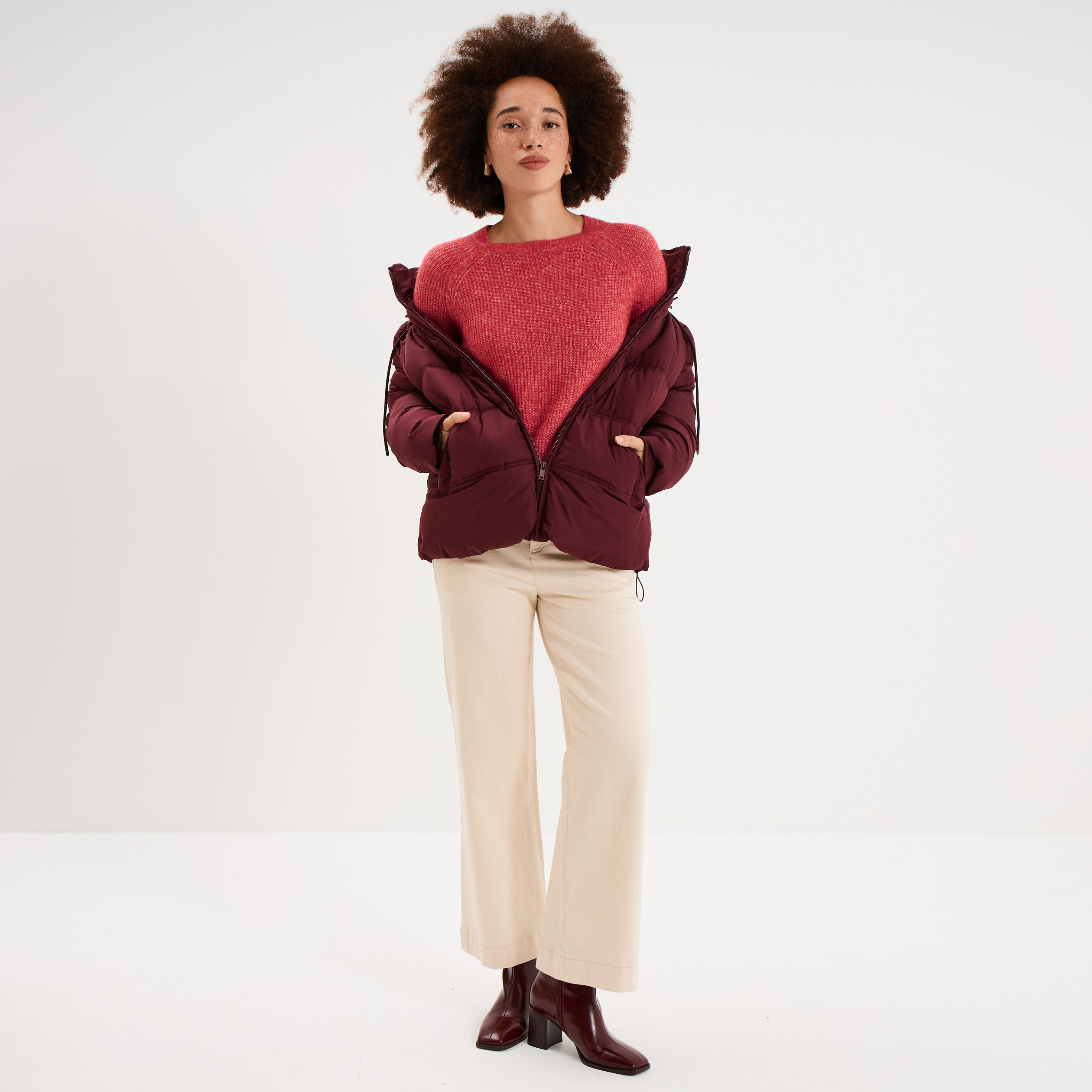 Pull col rond manches longues rose cerise femme