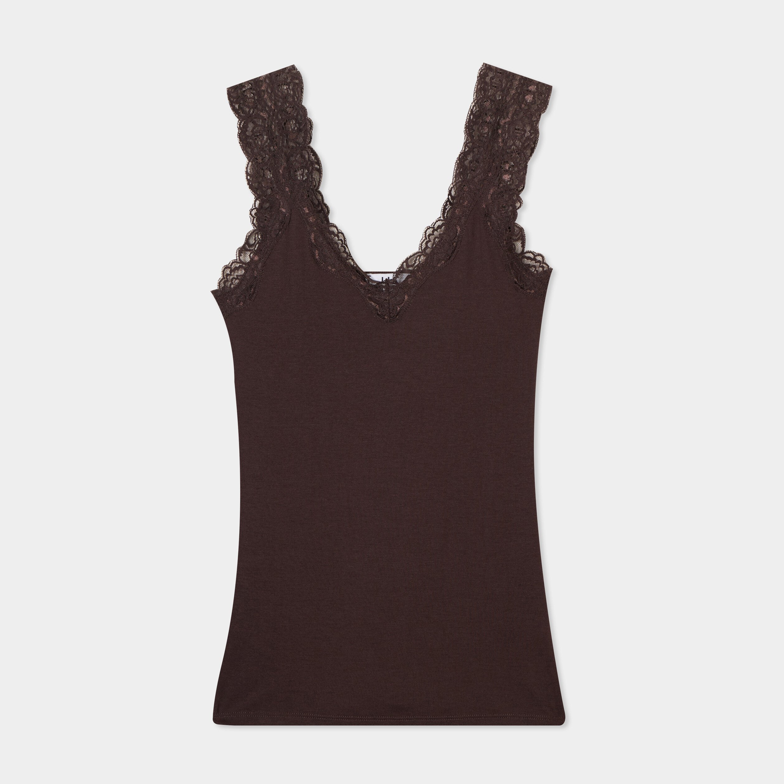 debardeur ajuste avec dentelle marron fonce femme Débardeur ajusté avec dentelle marron foncé femme