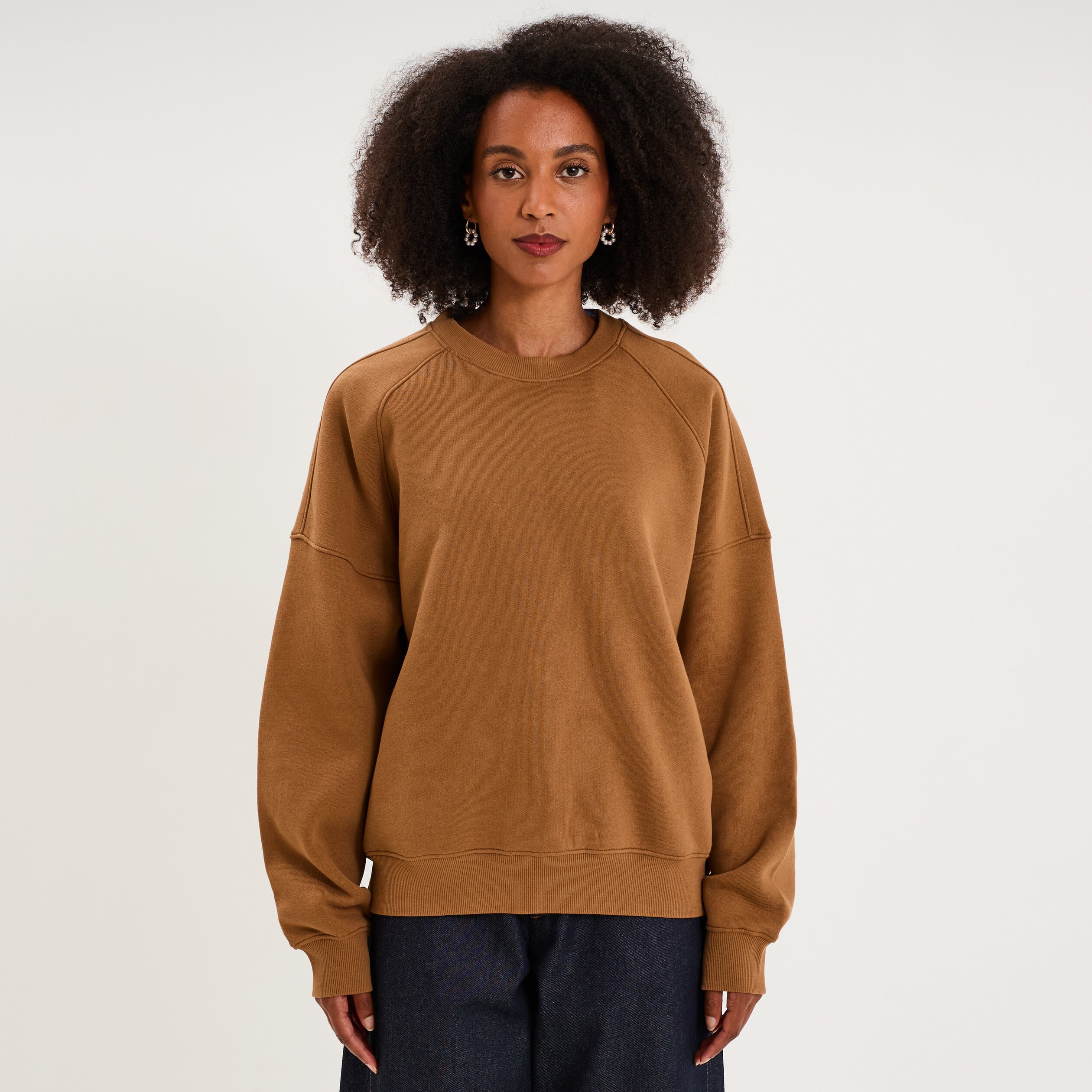 Sweat col rond oversize manches longues marron clair femme