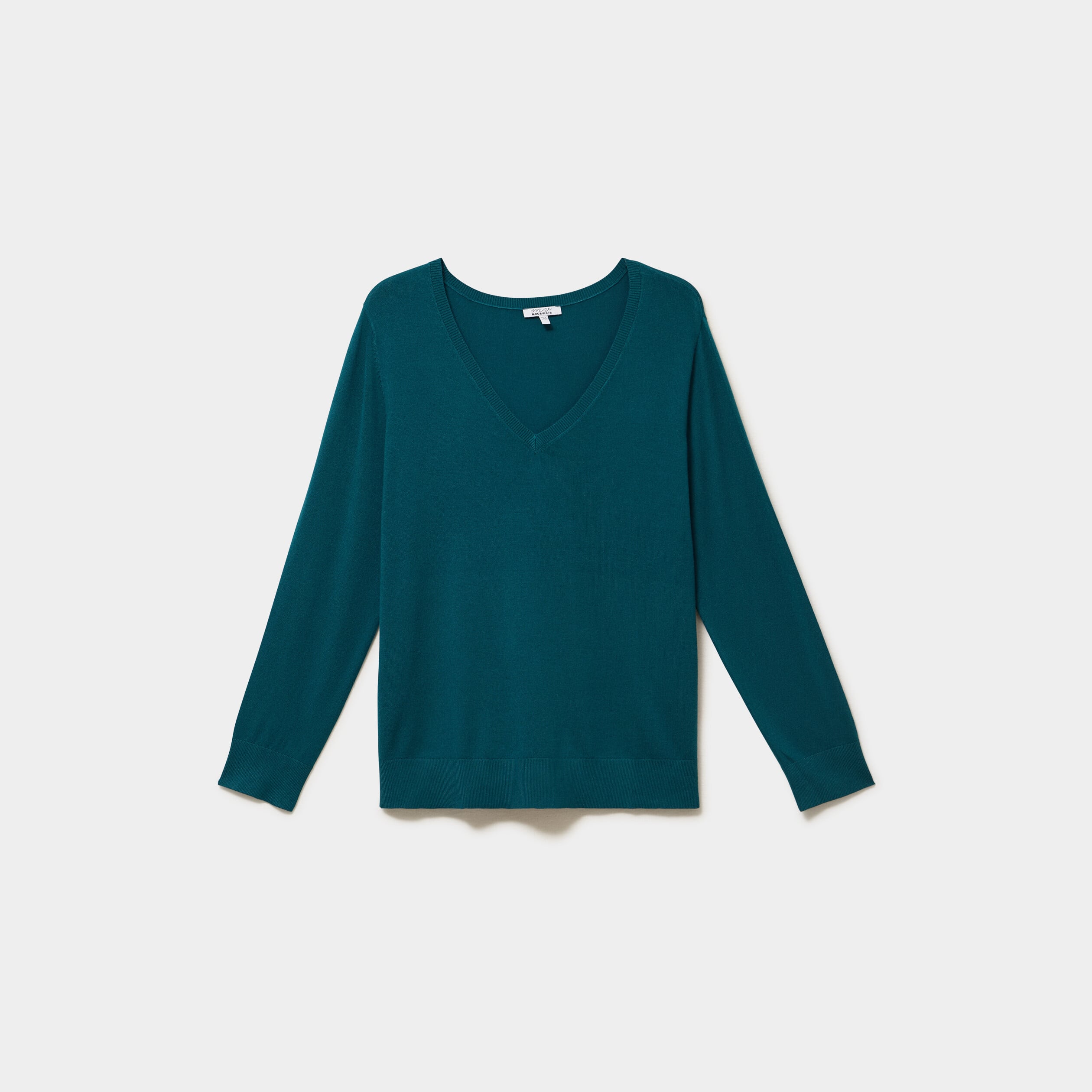 Pull fin col en V manches longues vert fonc&eacute; femme grande taille