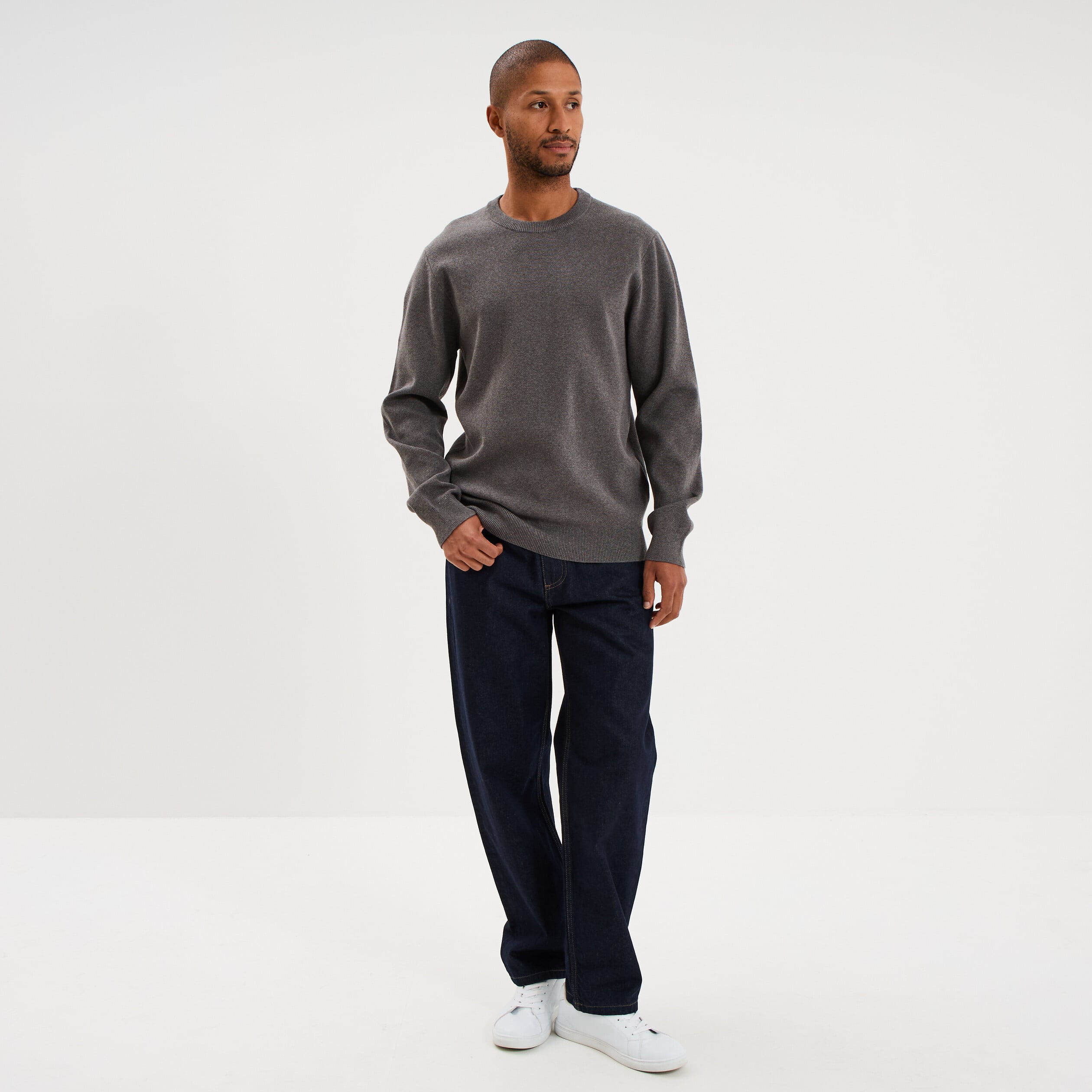 Pull col rond manches longues gris homme