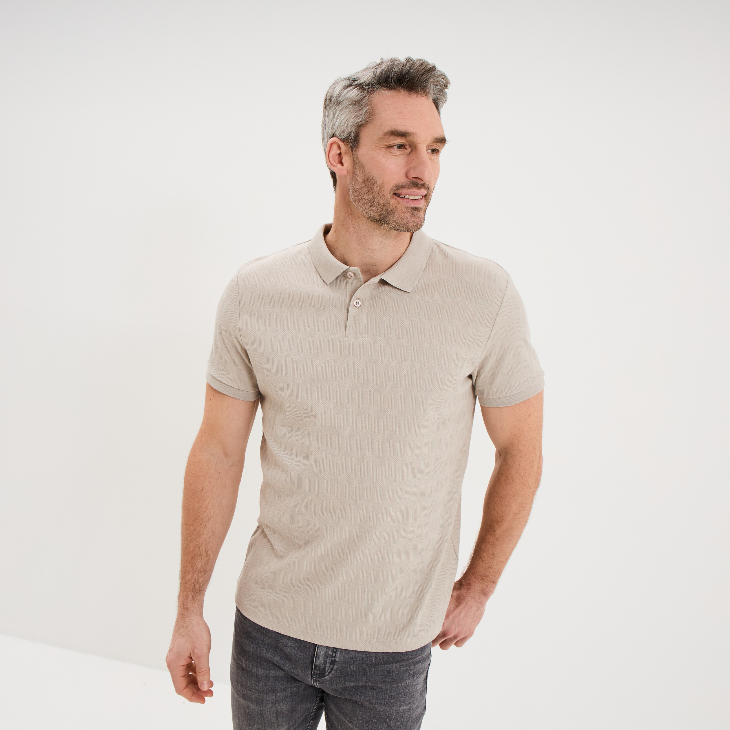 Polo textur&eacute; manches courtes gris clair homme