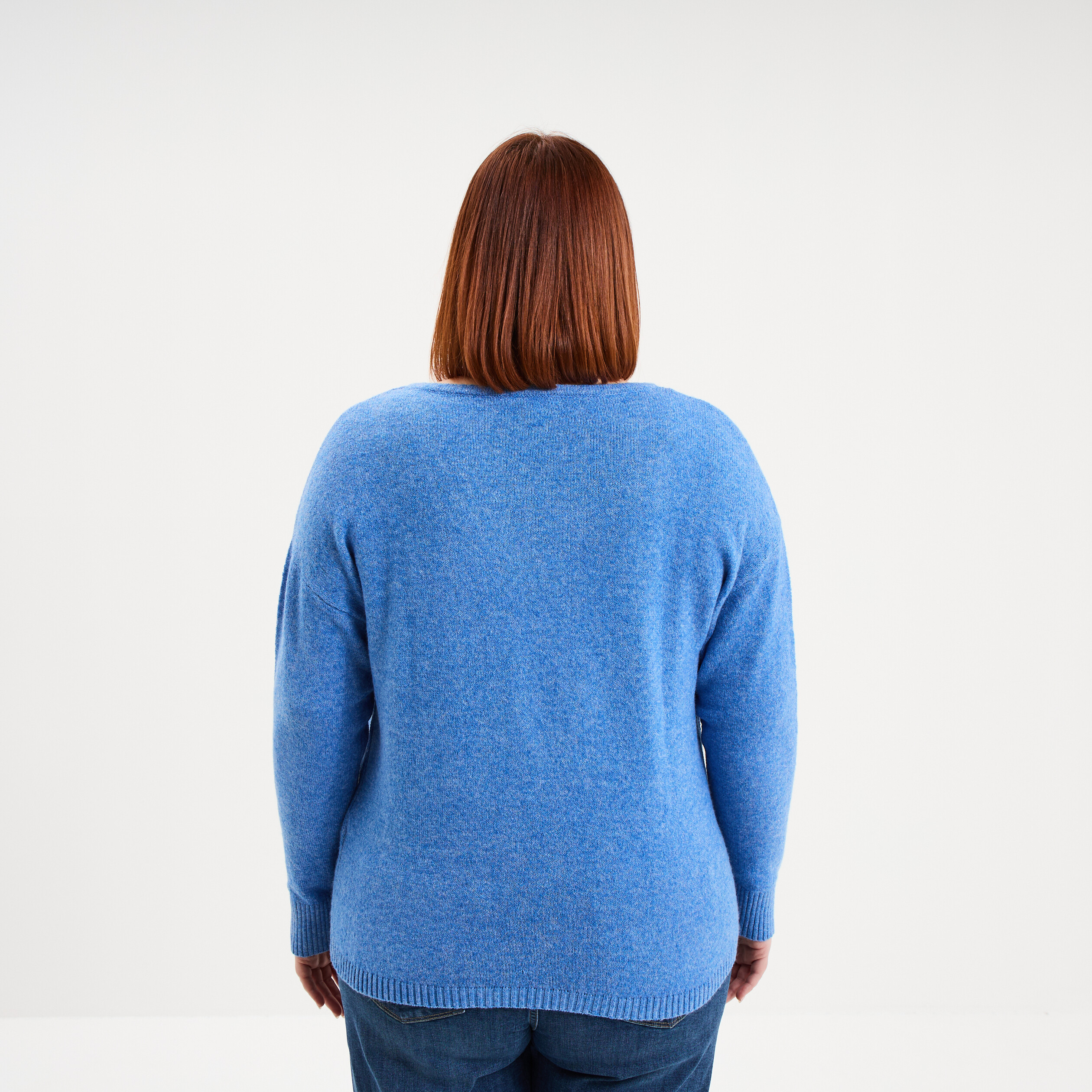Pull col en V manches longues bleu femme grande taille