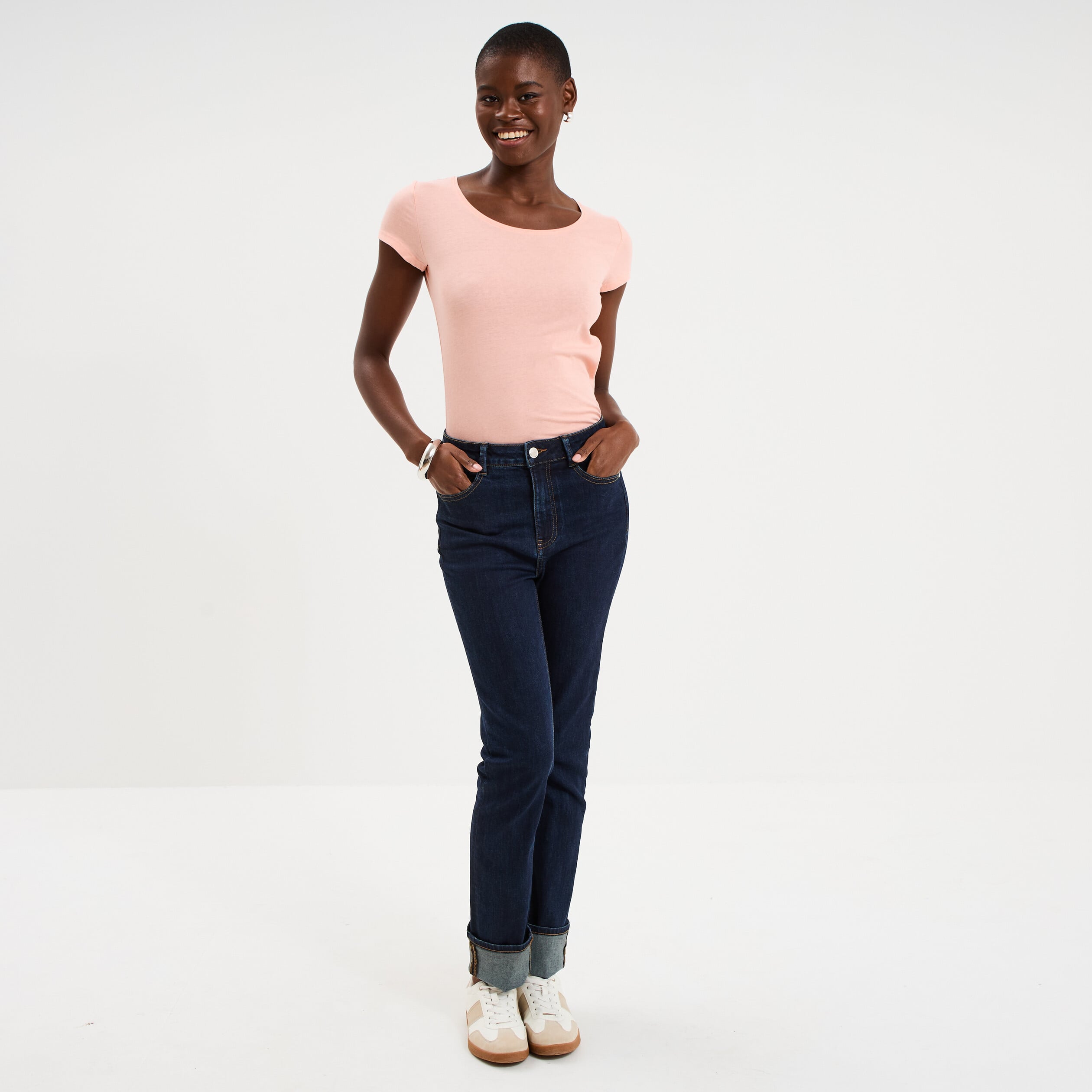 T-shirt coton col rond manches courtes rose poudr&eacute;e femme