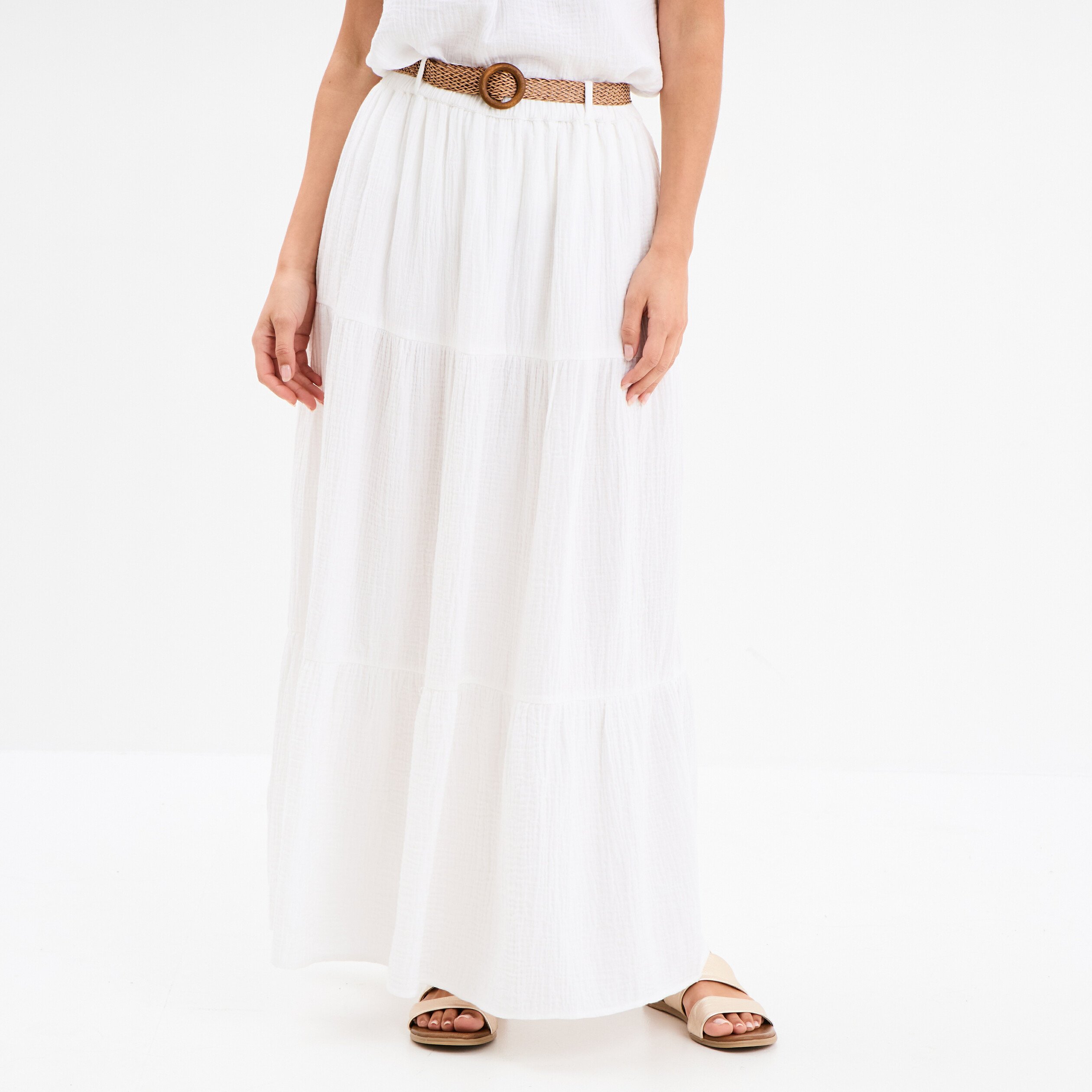 jupe longue gaze de coton ceinturee blanc femme Jupe longue gaze de coton ceinturée blanc femme