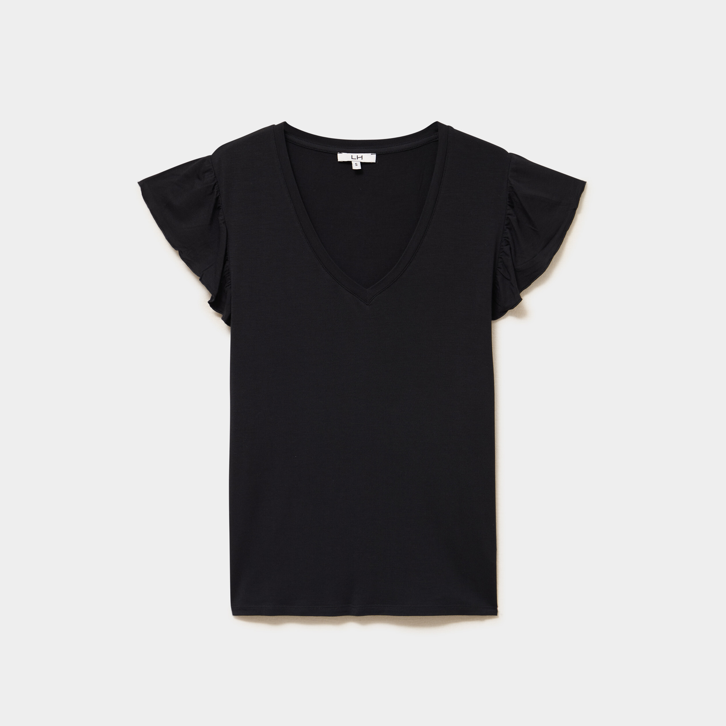 T-shirt droit manches courtes &agrave; volants noir femme