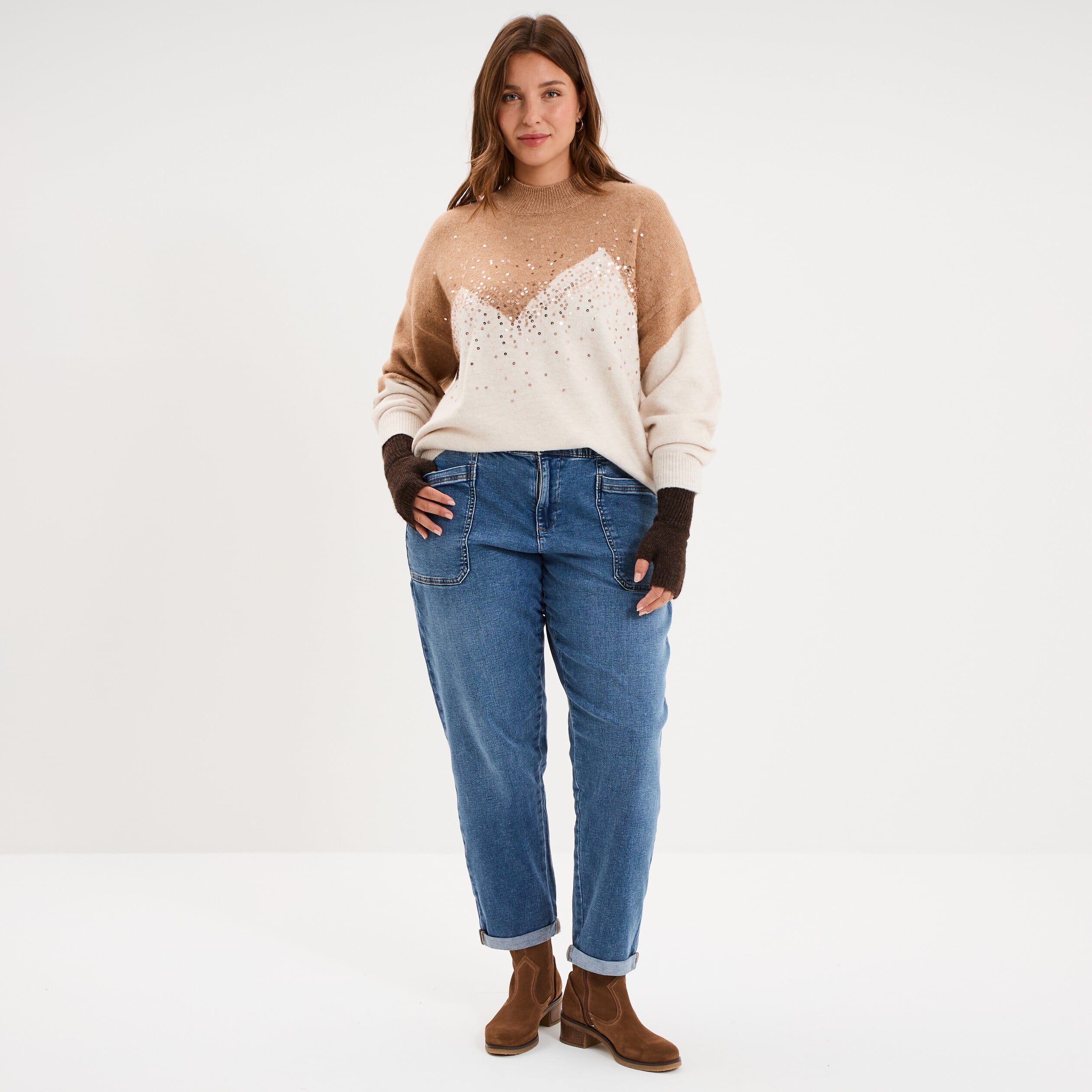 Pull col montant &agrave; sequins oversize beige femme grande taille