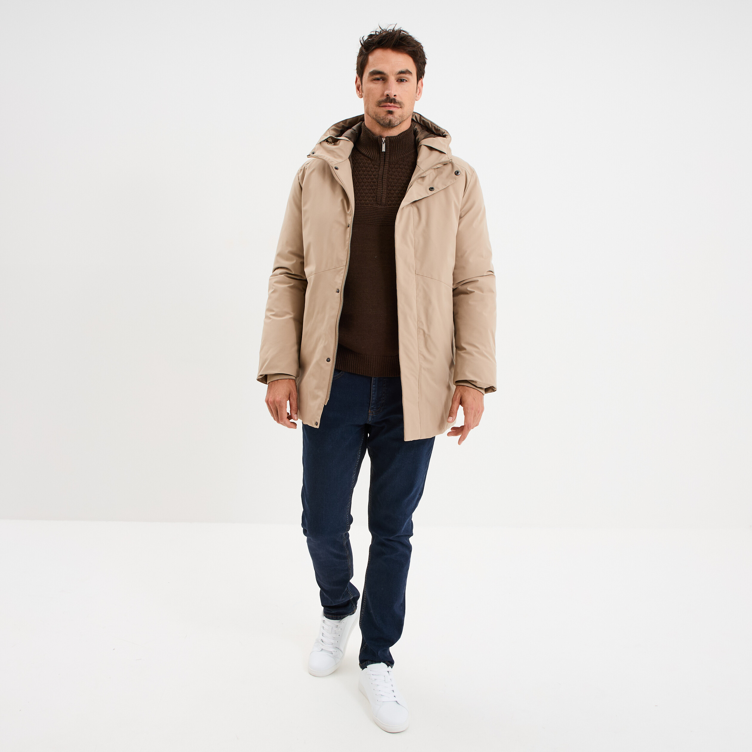 Pull col camionneur zipp&eacute; marron fonc&eacute; homme