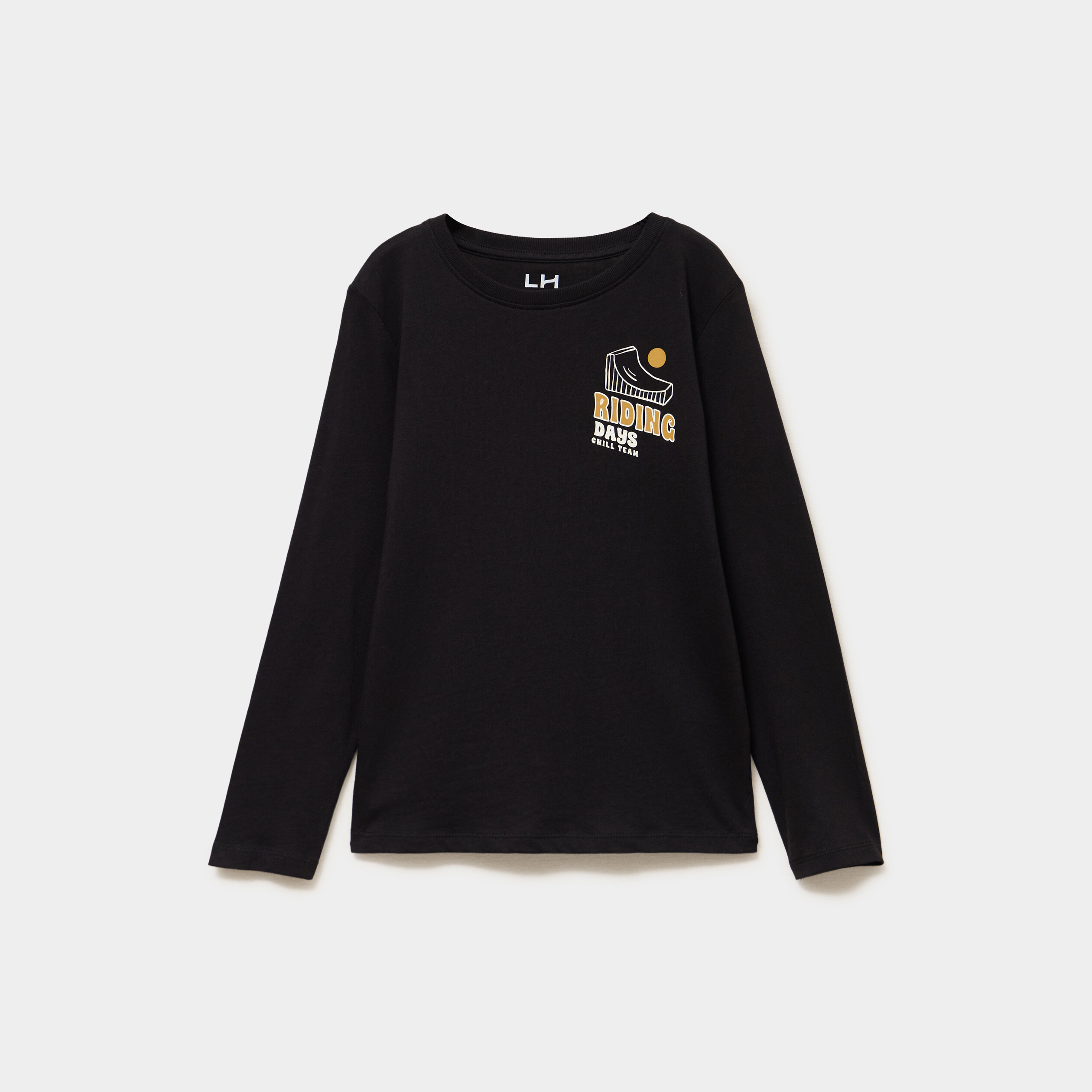 T-shirt col rond manches longues coton noir gar&ccedil;on
