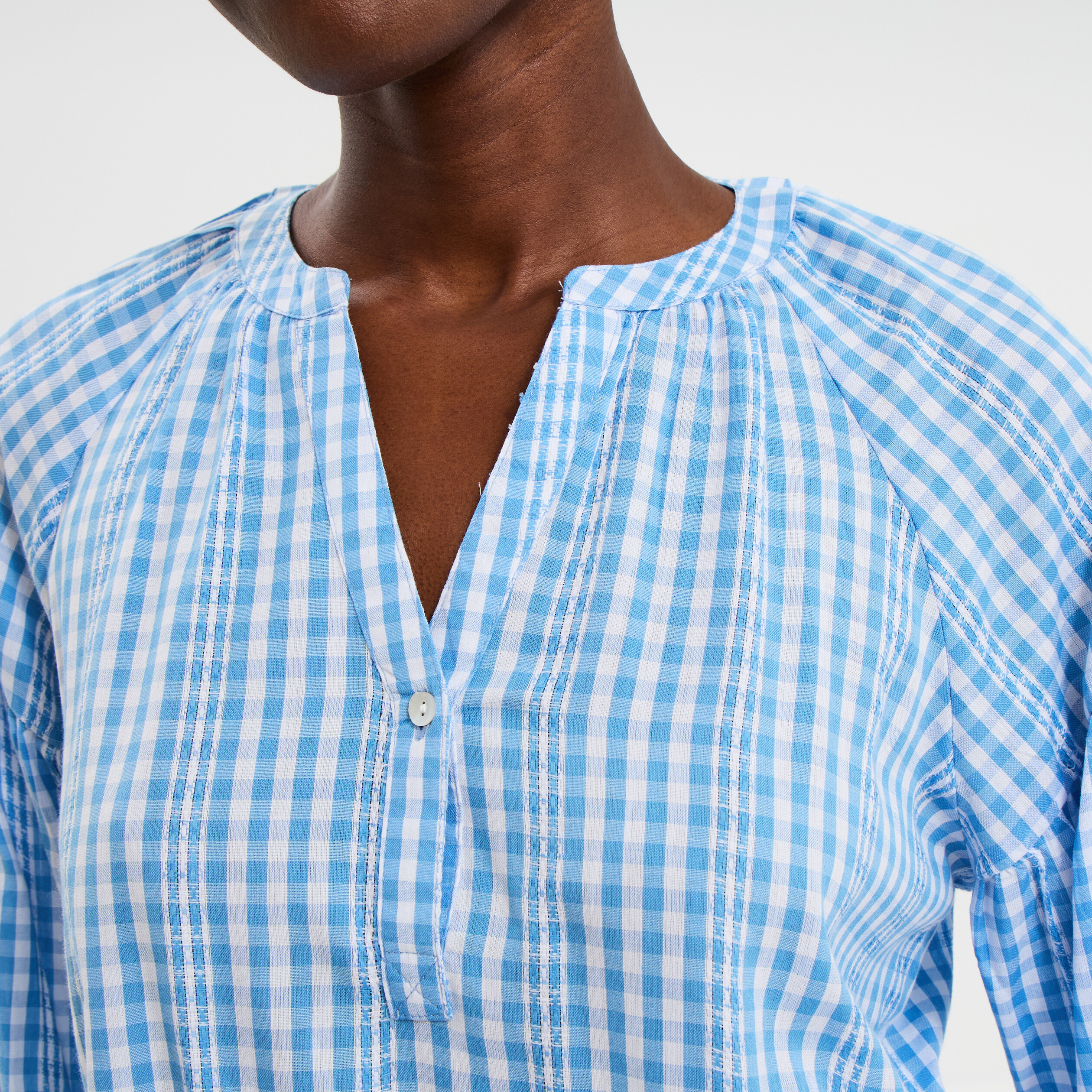 Blouse oversize col tunisien coton bleu clair femme