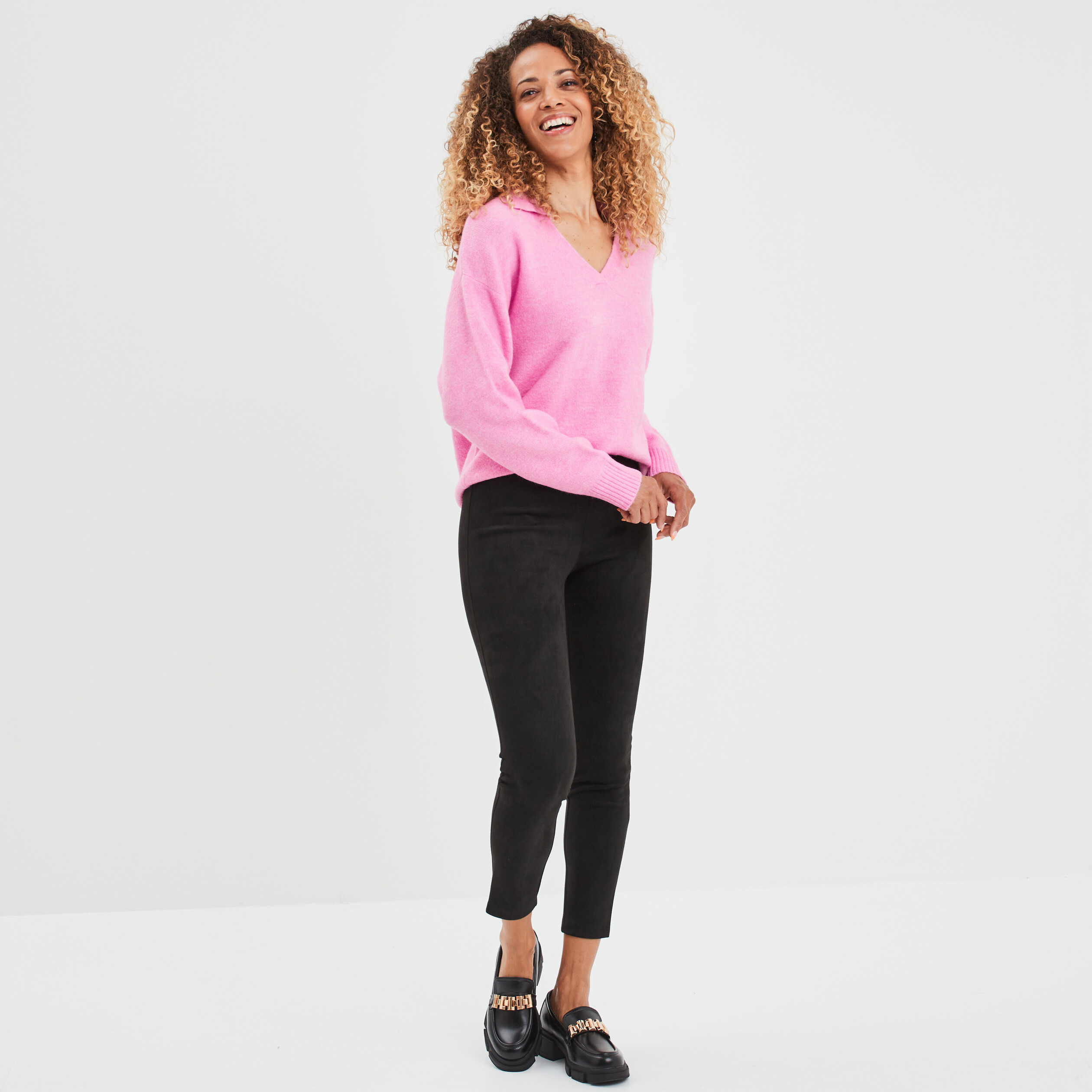 Pull col polo manches longues rose femme
