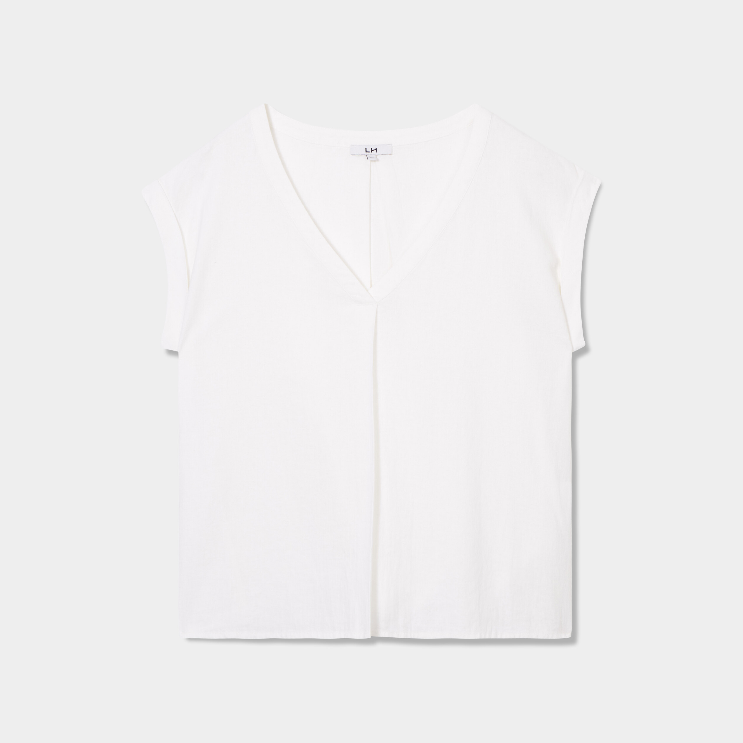 Blouse col V manches courtes lin mélangé blanc femme