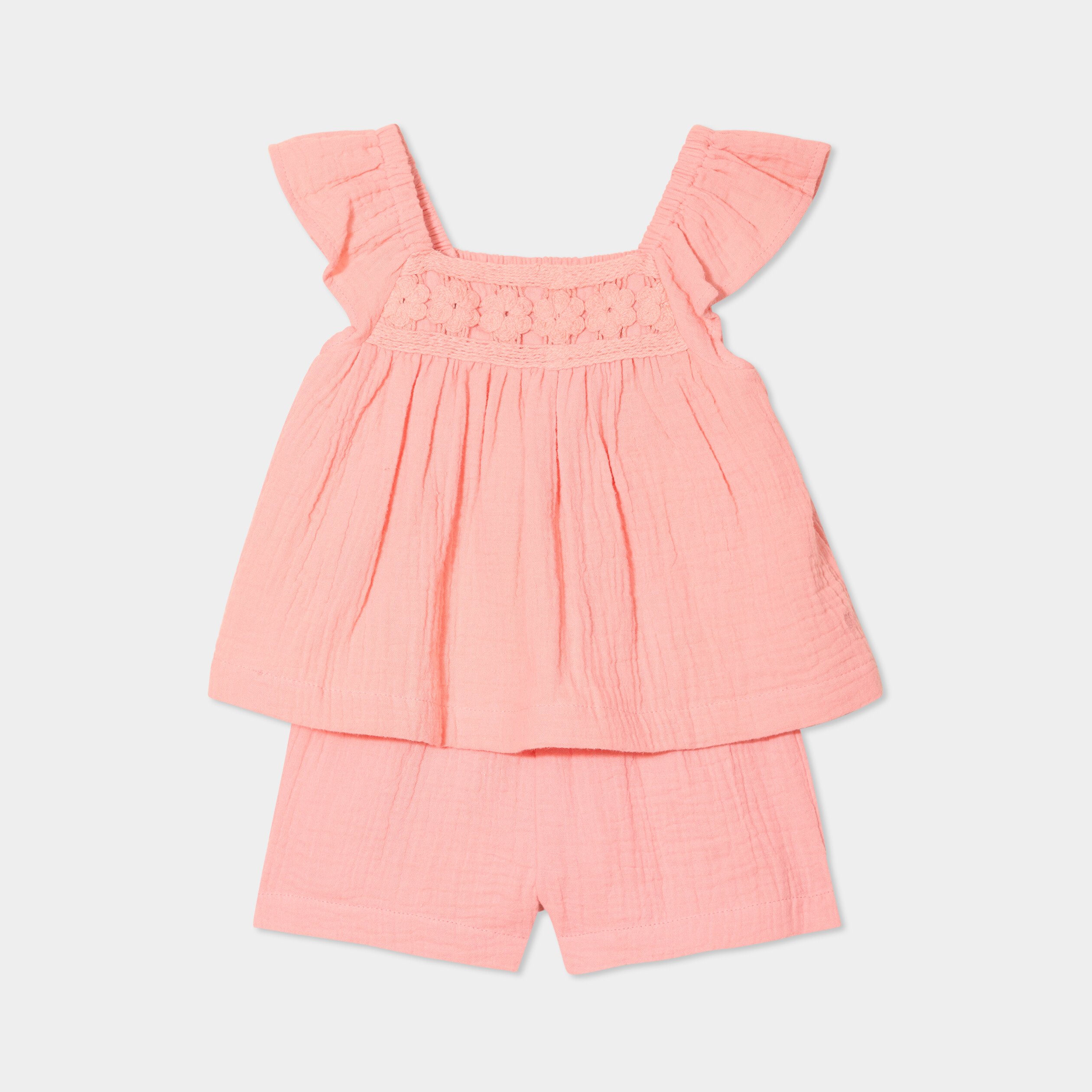 ensemble 2 pieces gaze de coton rose corail bebef Ensemble 2 pièces gaze de coton rose corail bébé fille