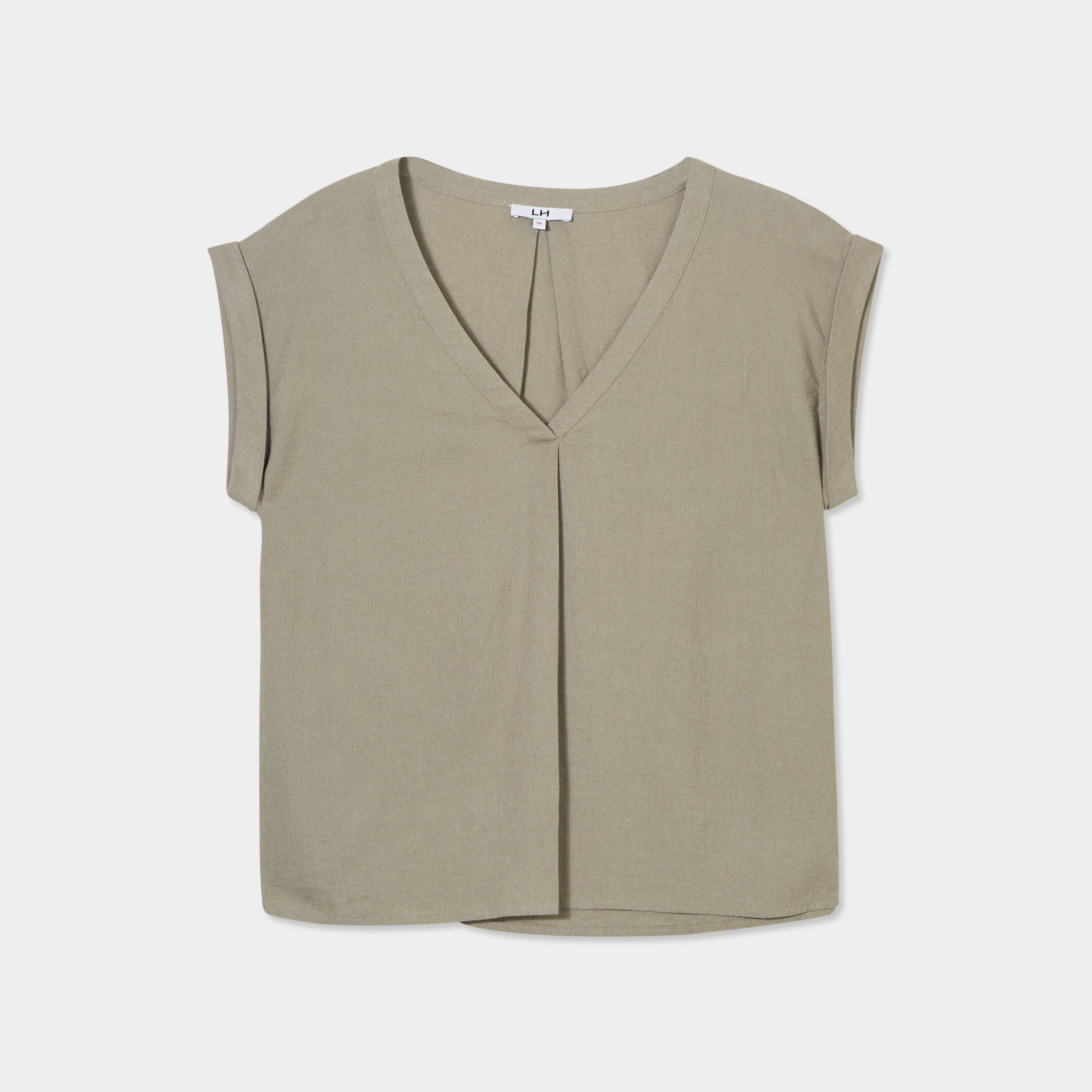 Blouse col V manches courtes lin m&eacute;lang&eacute; vert kaki femme