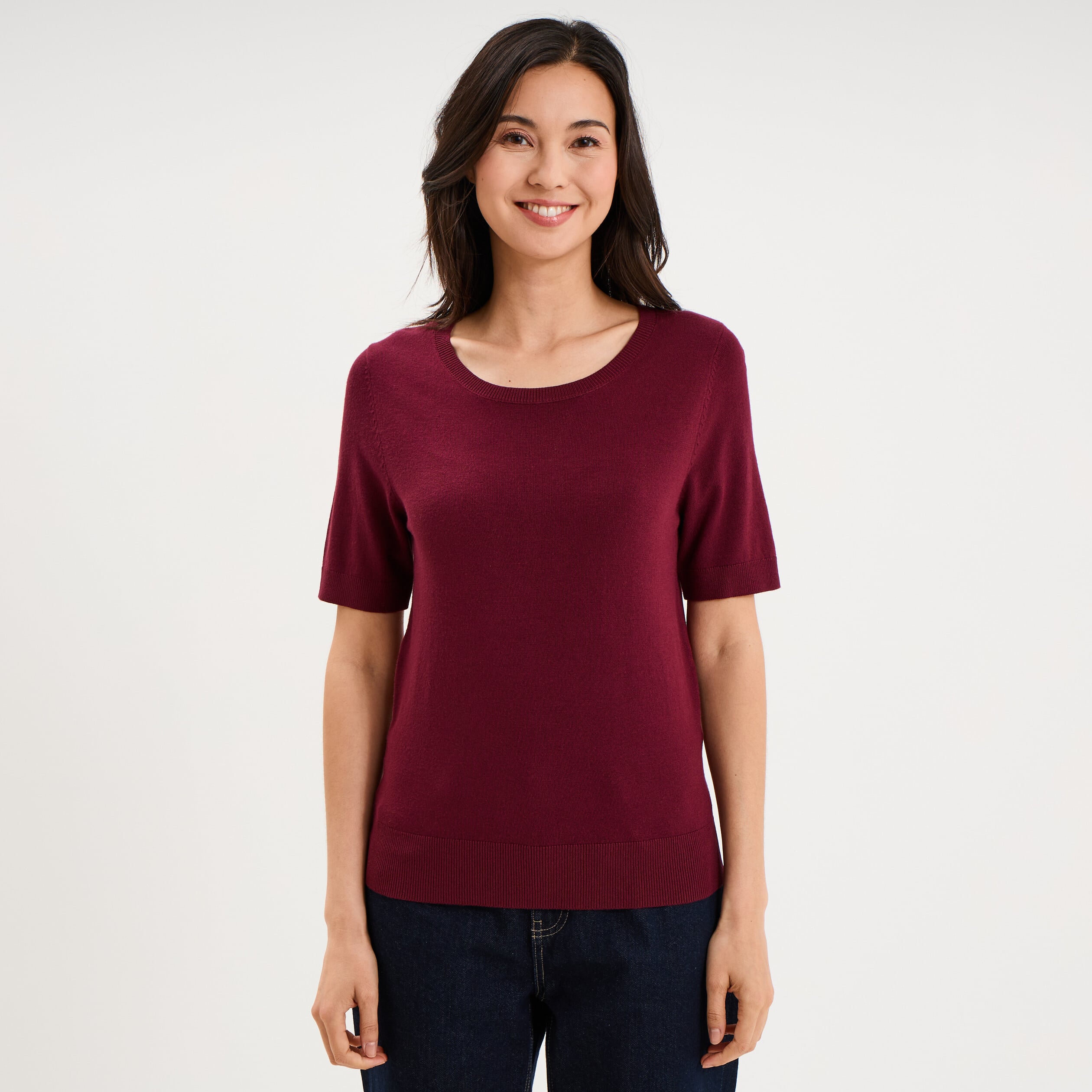 Pull manches courtes col rond bordeaux femme