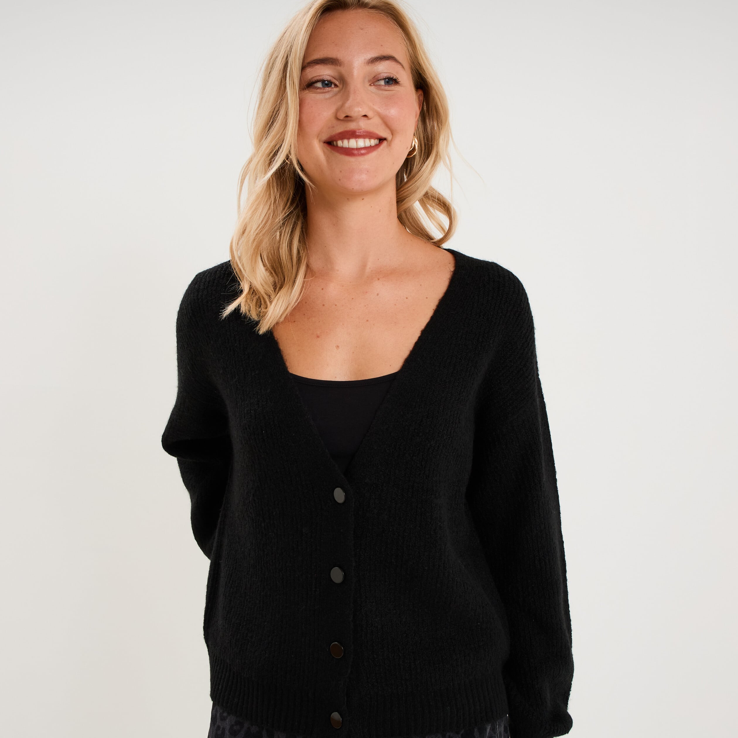 Gilet col en V manches longues ballon noir femme