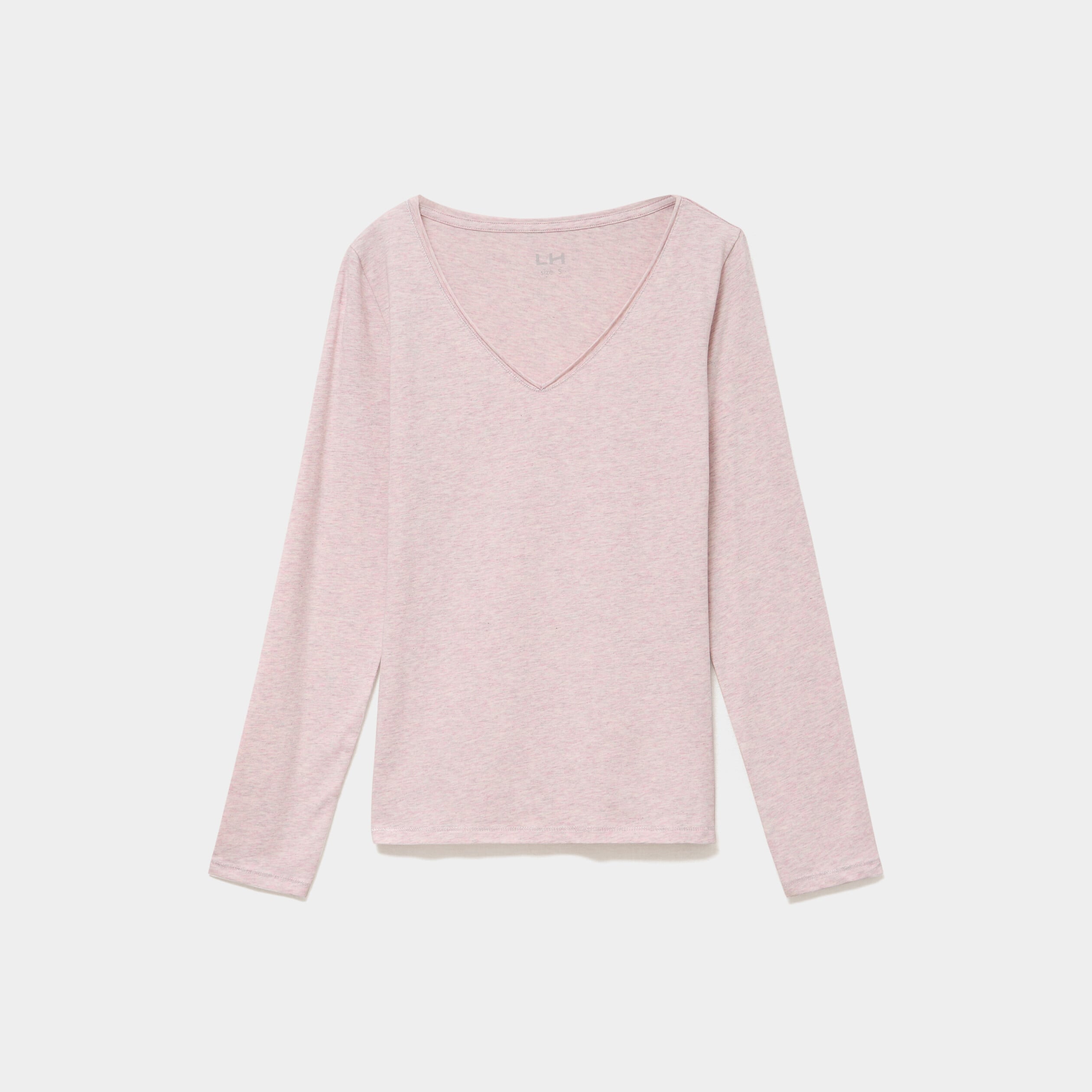 T-shirt manches longues col en V coton rose clair femme