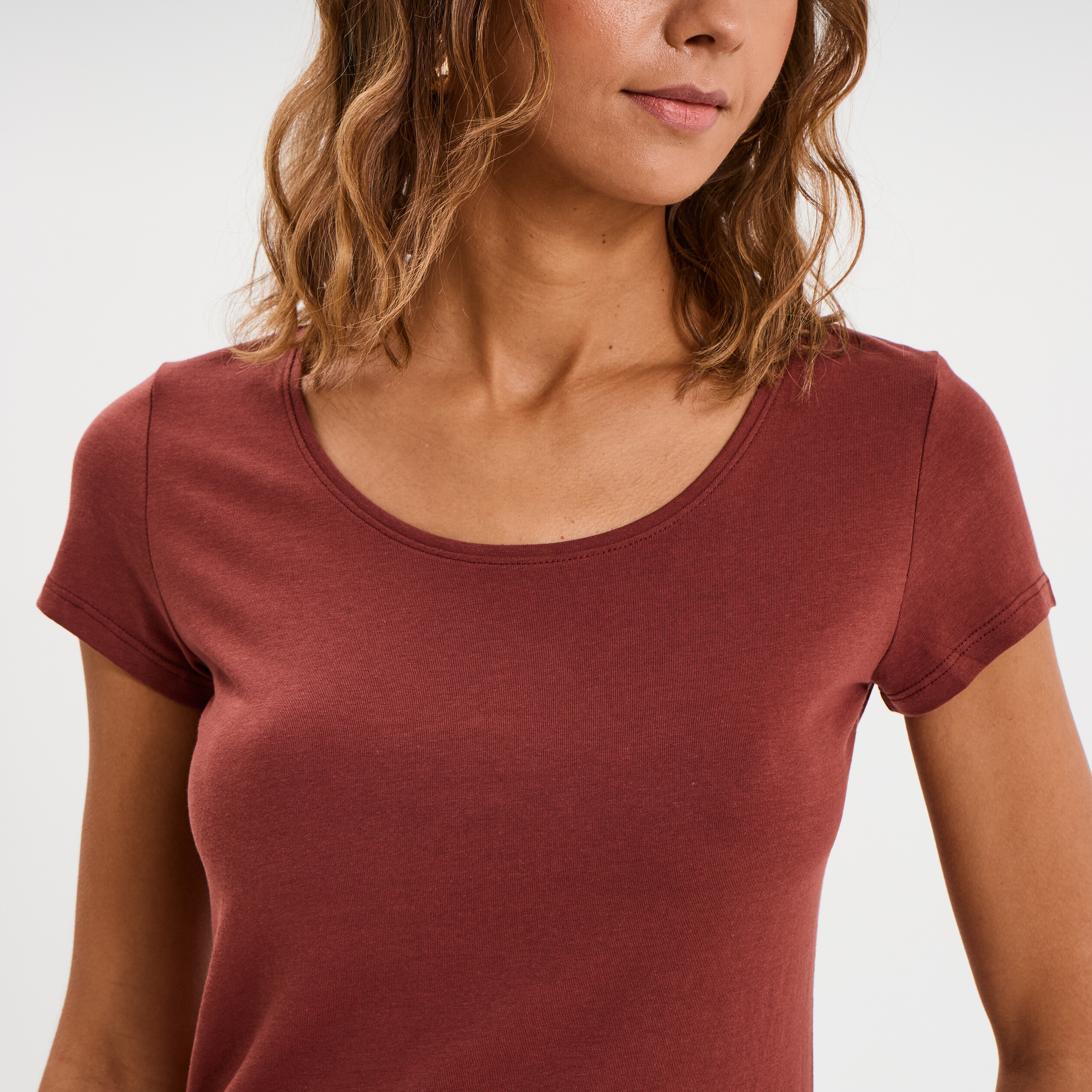 T-shirt coton col rond manches courtes marron cognac femme