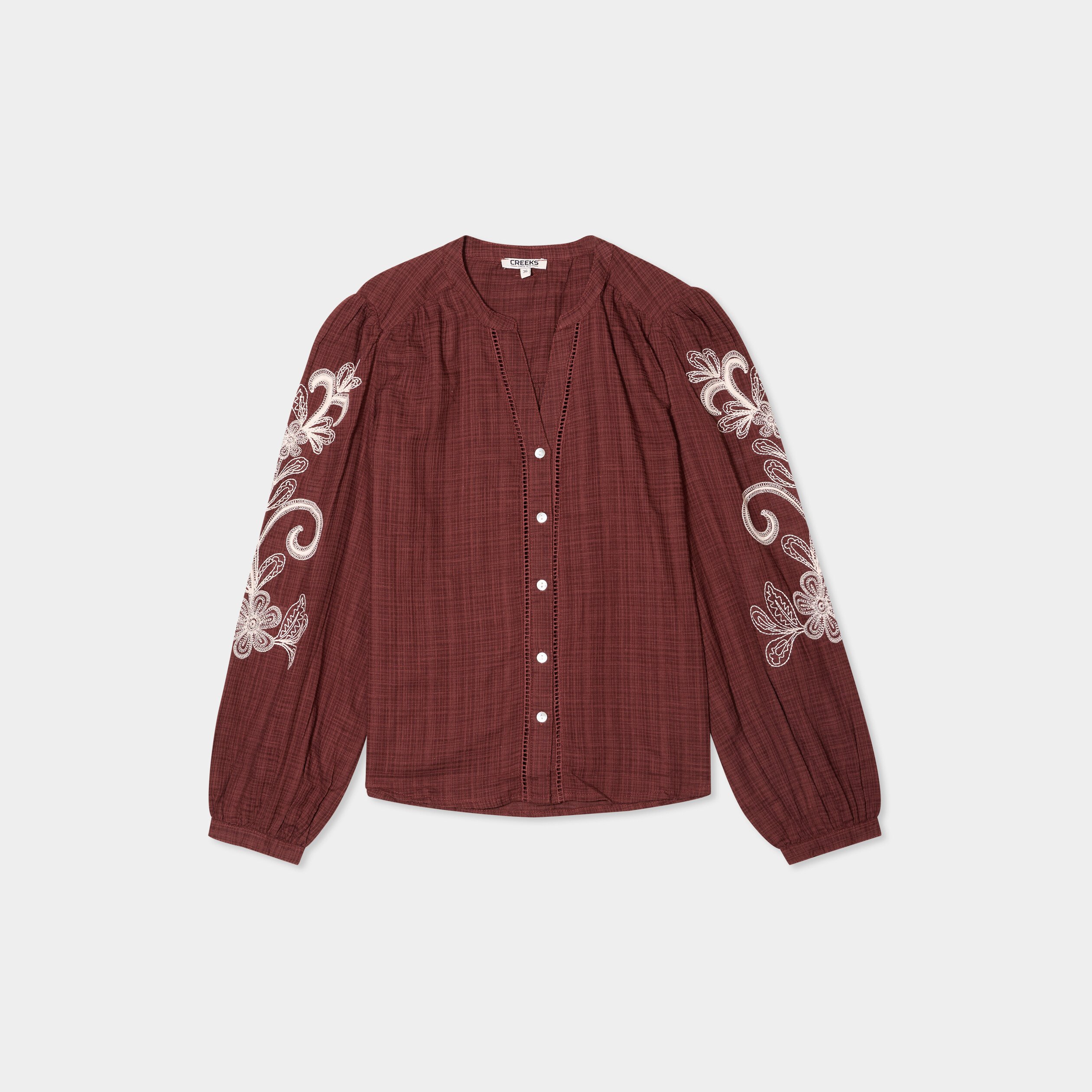 blouse col tunisien manches brodees marron femme Blouse col tunisien manches brodées marron femme