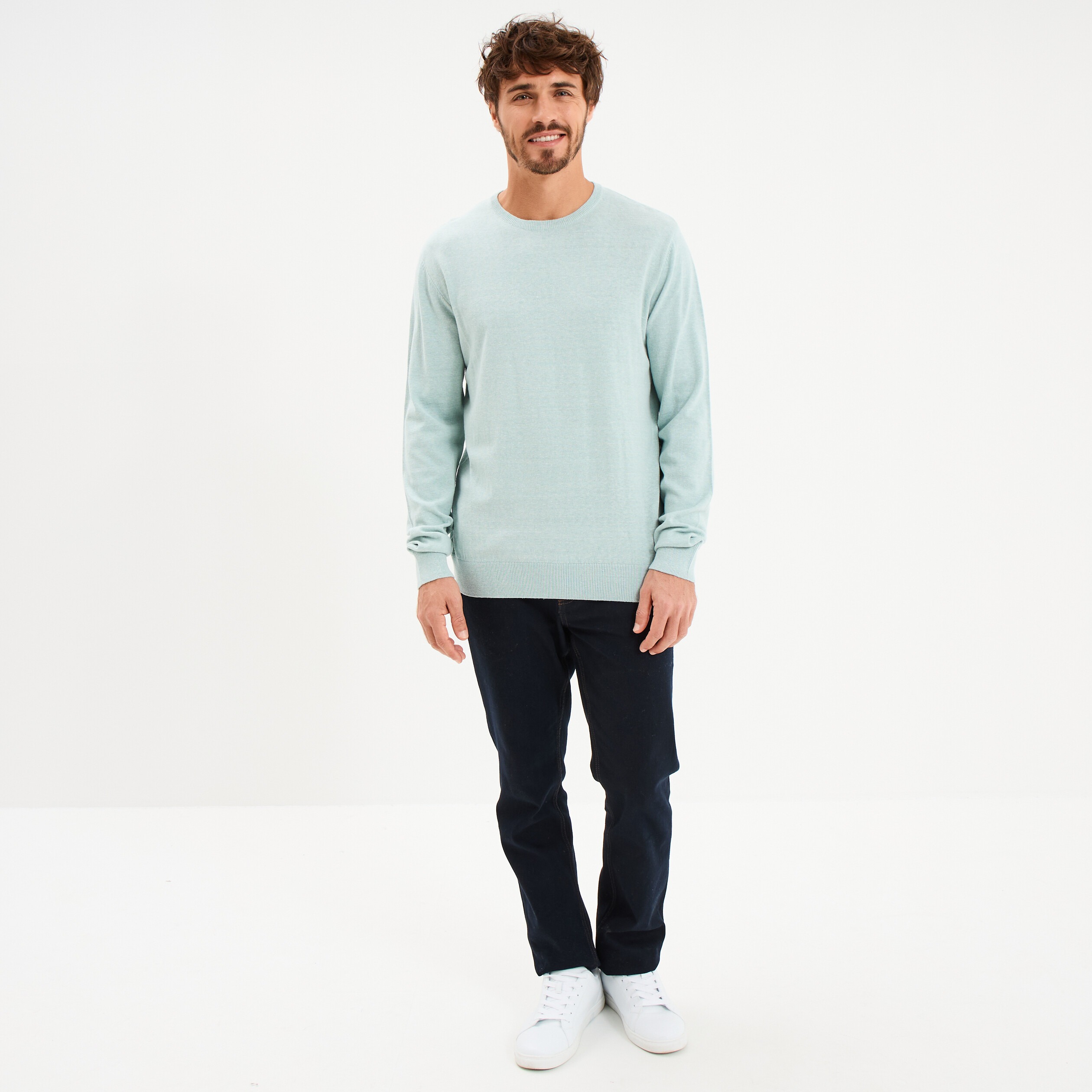 Pull droit col rond coton m&eacute;lang&eacute; bleu gris homme