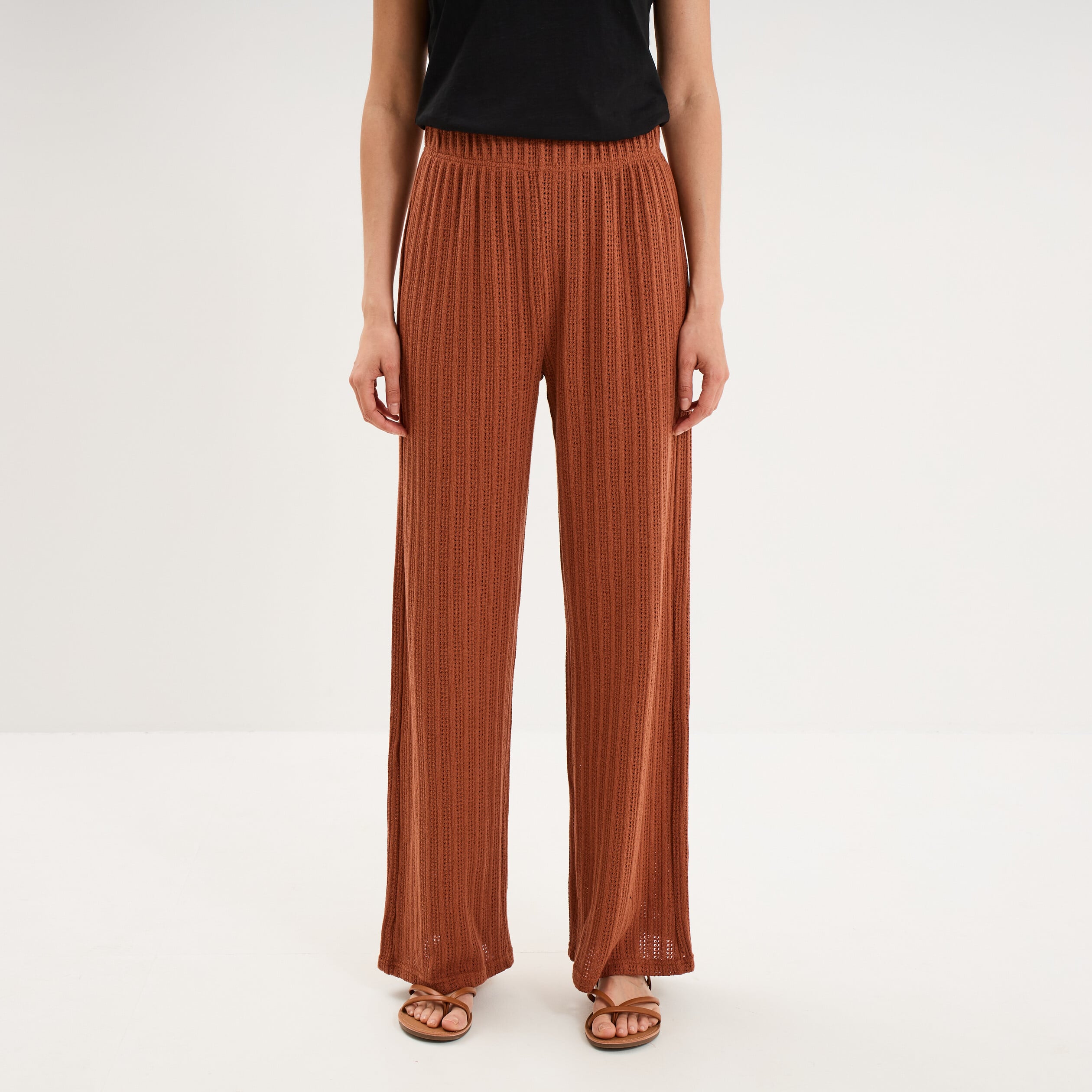 Pantalon large effet crochet &eacute;lastiqu&eacute; camel femme