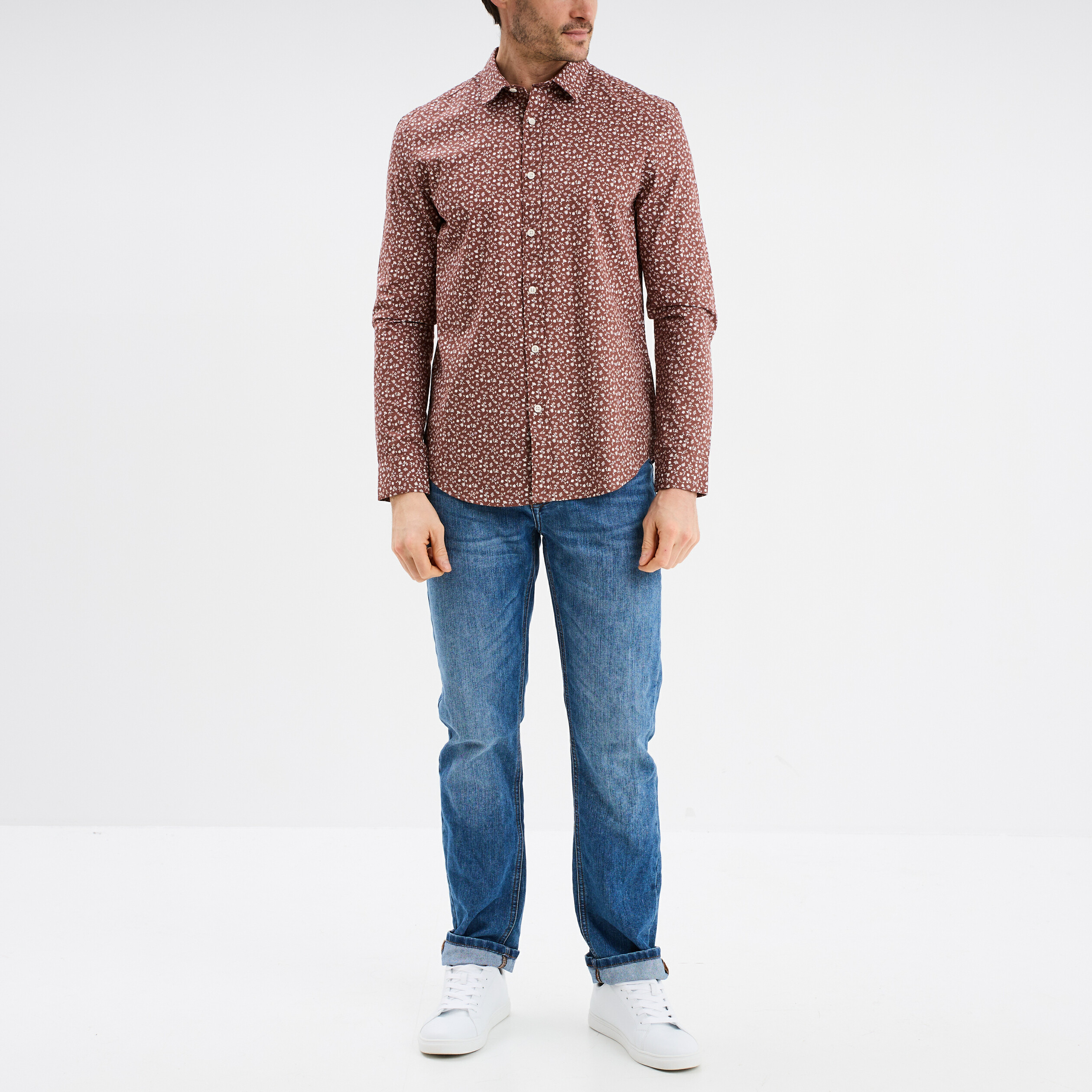 Chemise droite imprim&eacute;e manches longues marron homme