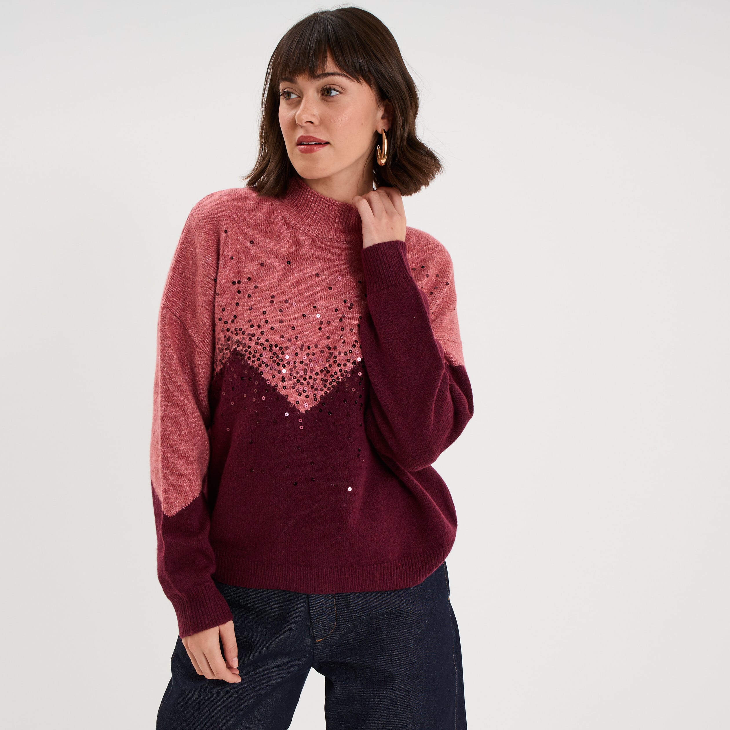 Pull col montant &agrave; sequins oversize bordeaux femme