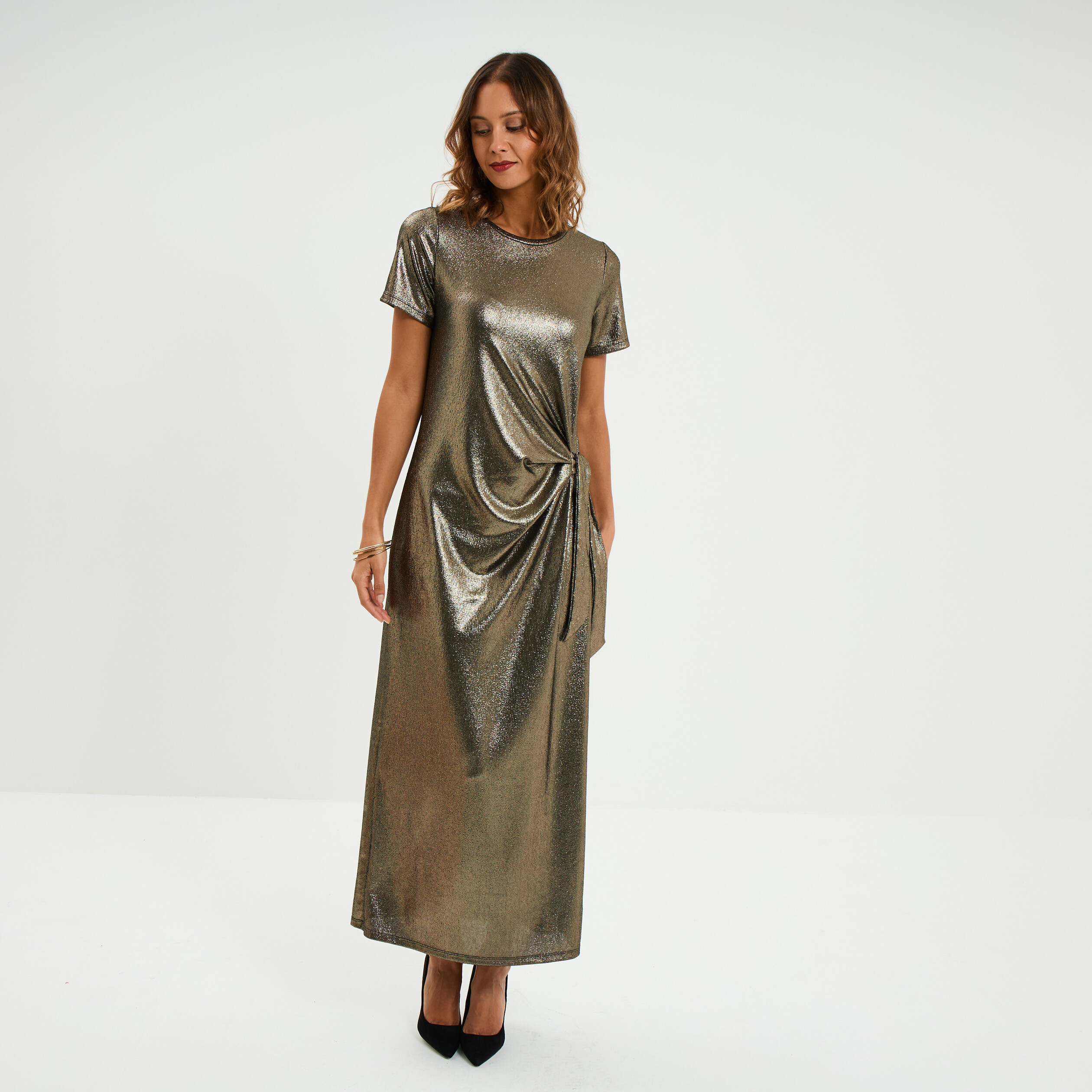 Robe longue d&eacute;tail noeud c&ocirc;t&eacute; jaune or femme