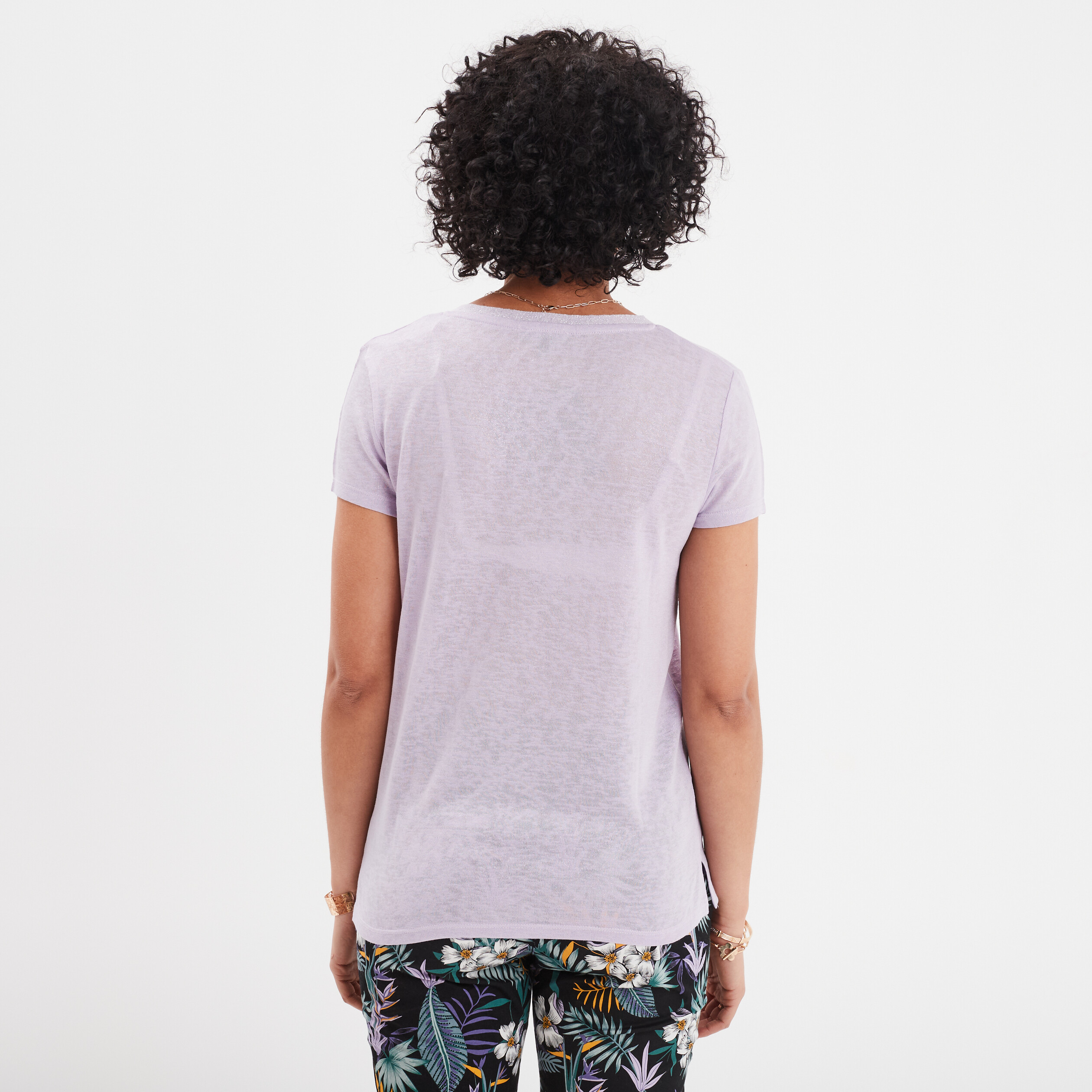 t shirt col en v a bande metallisee violet clair femme T-shirt col en V à bande métallisée violet clair femme