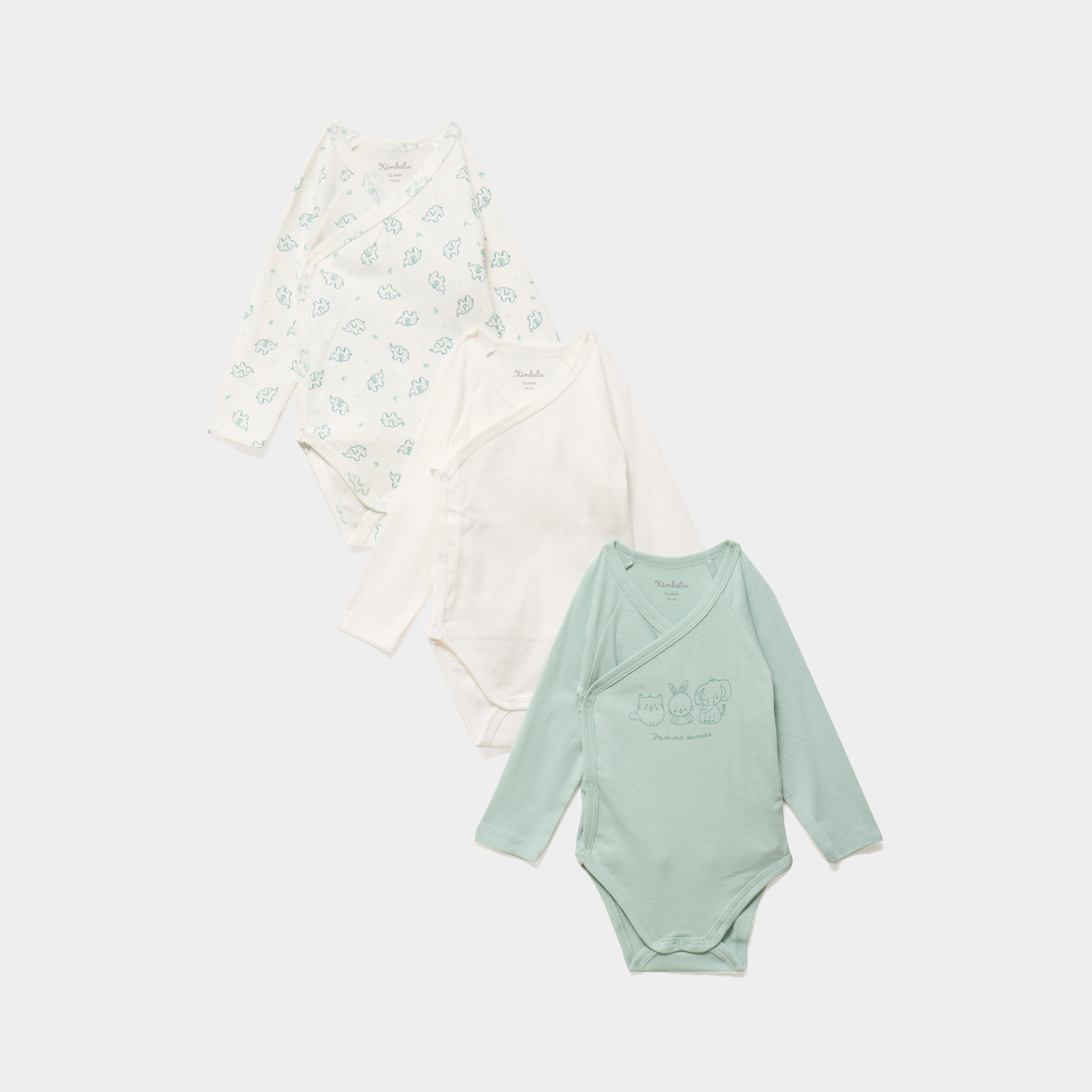 Lot 3 bodies crois&eacute;s manches longues vert pastel b&eacute;b&eacute;