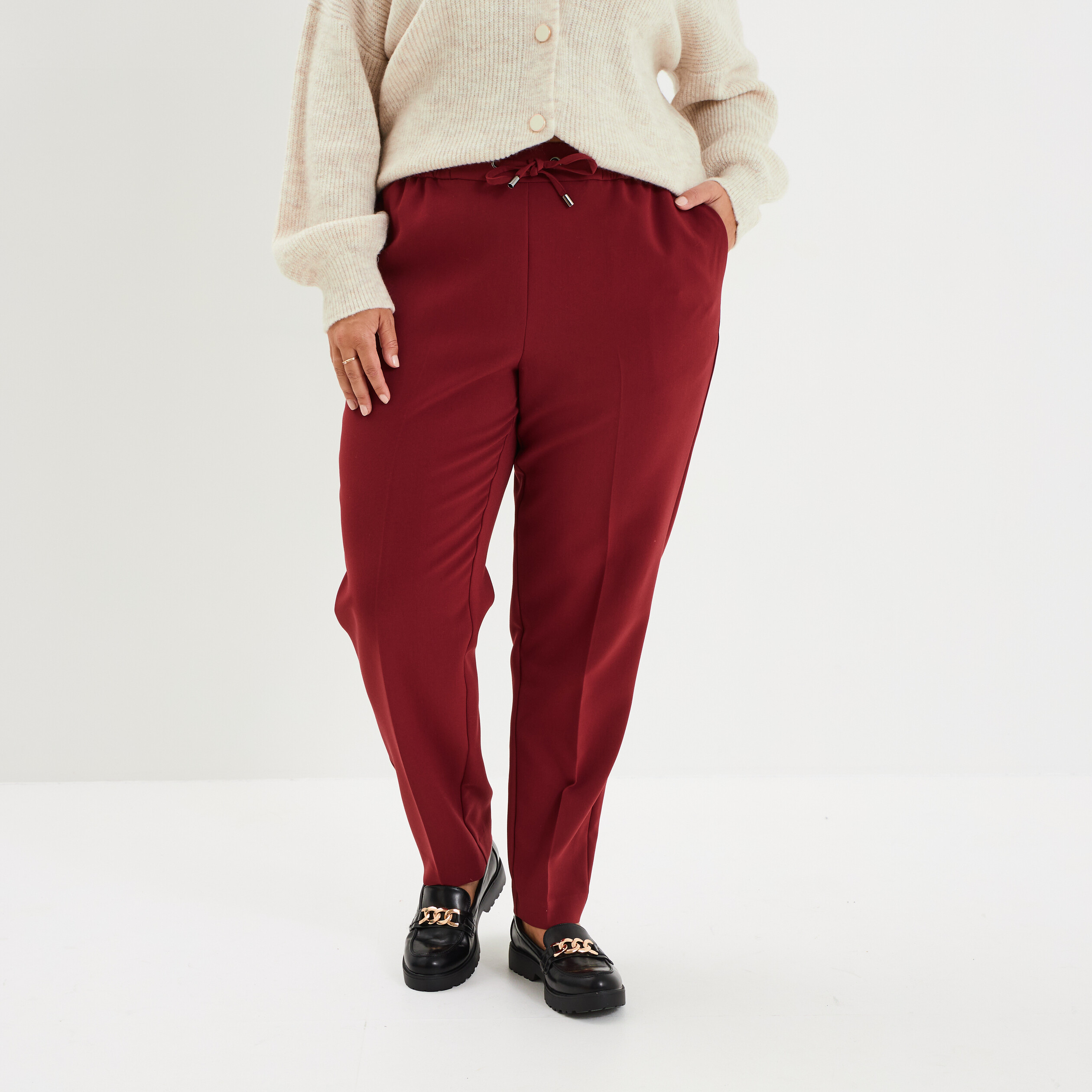 Pantalon city paperbag taille élastiquée bordeaux femme grande
