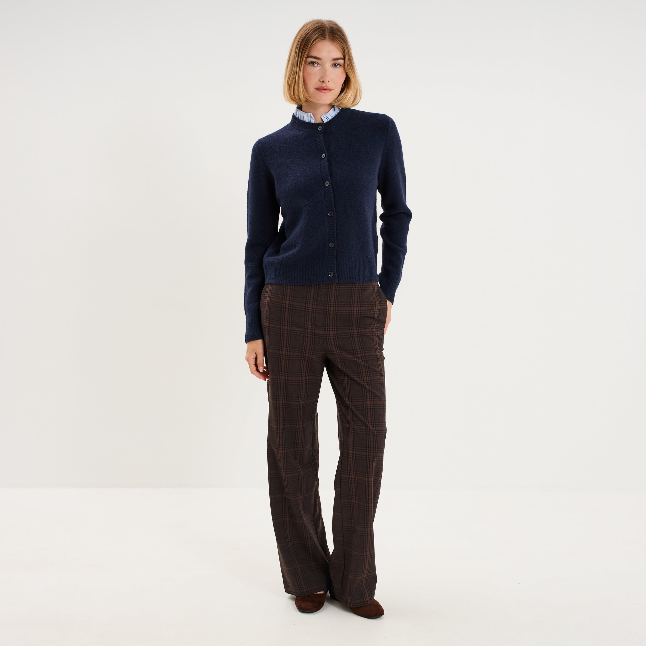 Gilet col rond boutonn&eacute; 2 en 1 bleu fonc&eacute; femme
