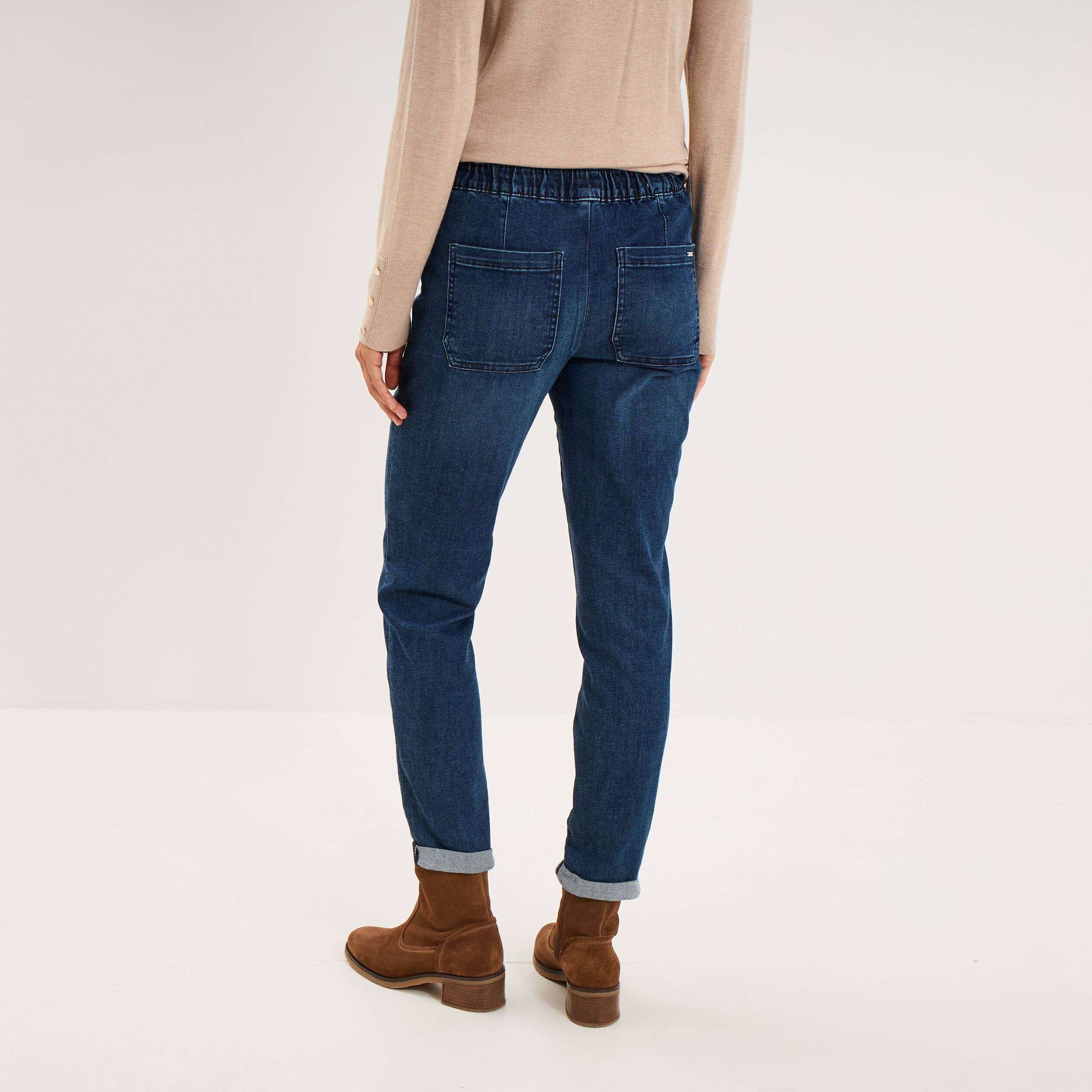 Jeans droit cropped taille &eacute;lastiqu&eacute;e bleu femme