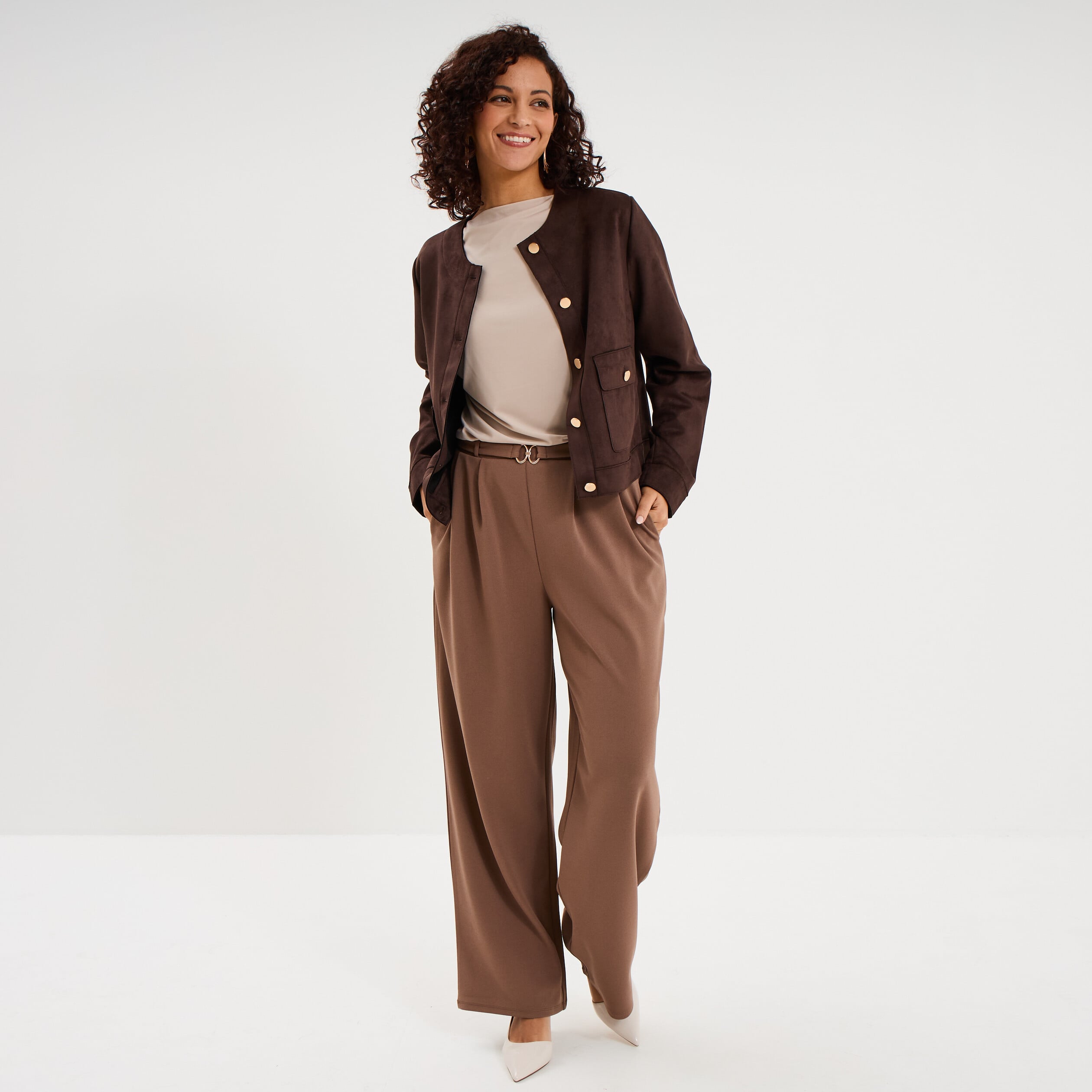 Veste boutonn&eacute;e effet su&eacute;dine marron fonc&eacute; femme