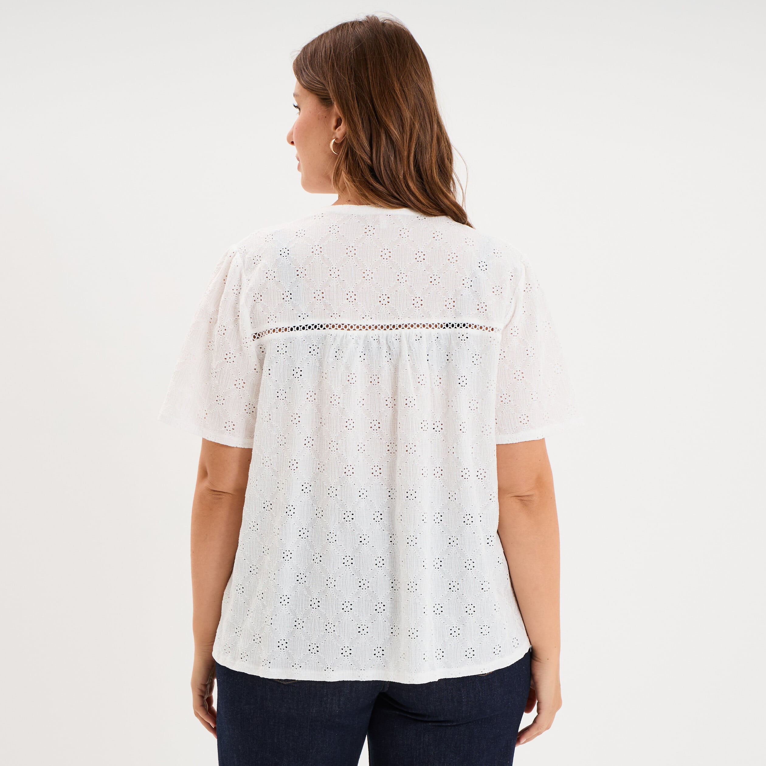 T-shirt broderie anglaise col tunisien blanc femme grande taille