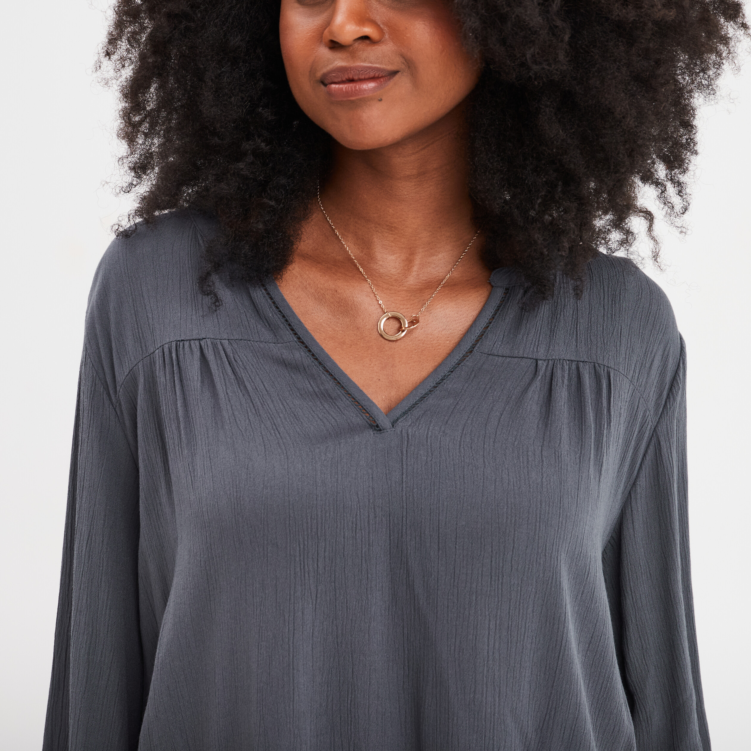Blouse col tunisien bleu gris femme