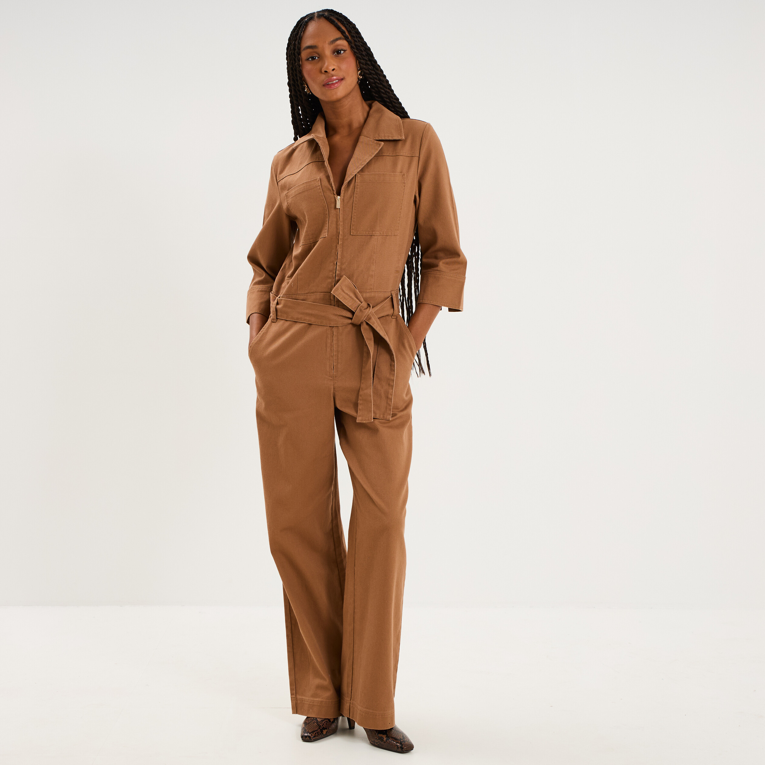 Combinaison pantalon zipp&eacute;e jambe large marron clair femme