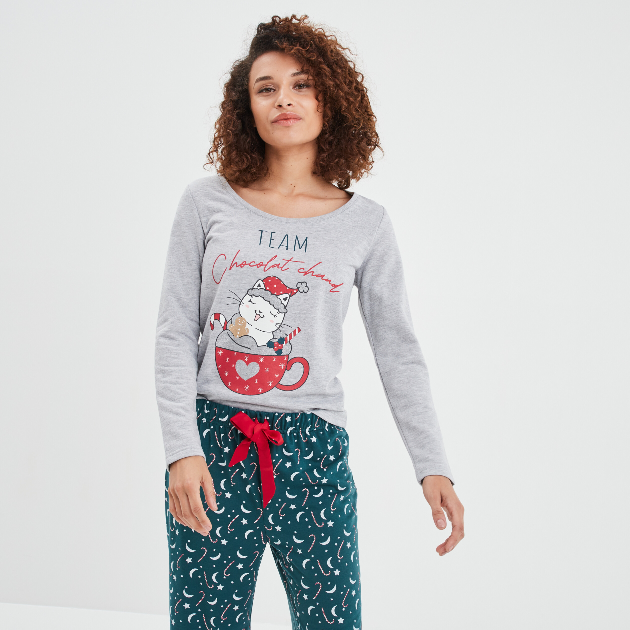 Ensemble pyjama pantalon 2 pièces gris clair femme