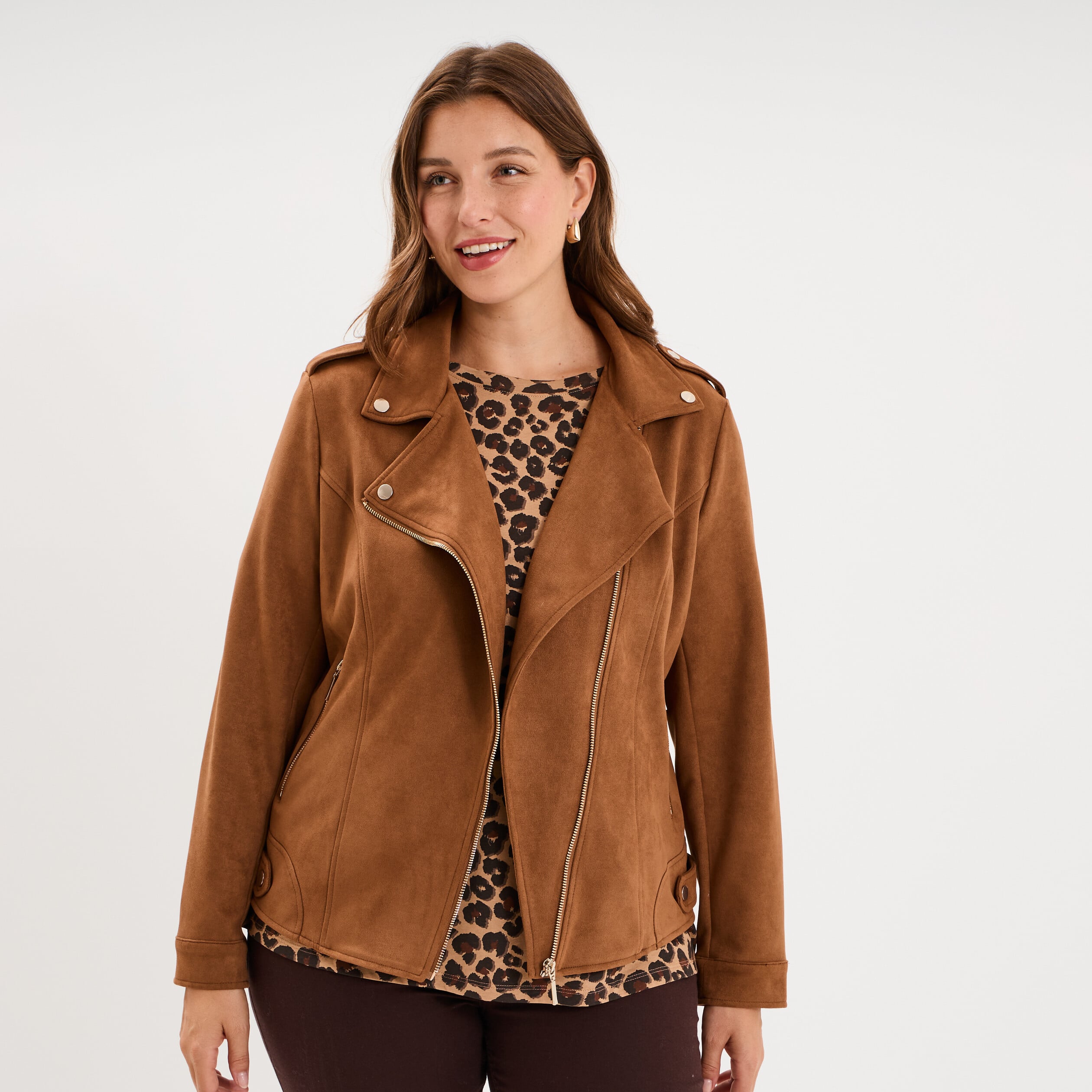 Blouson zipp&eacute; effet su&eacute;dine style biker camel femme grande taille