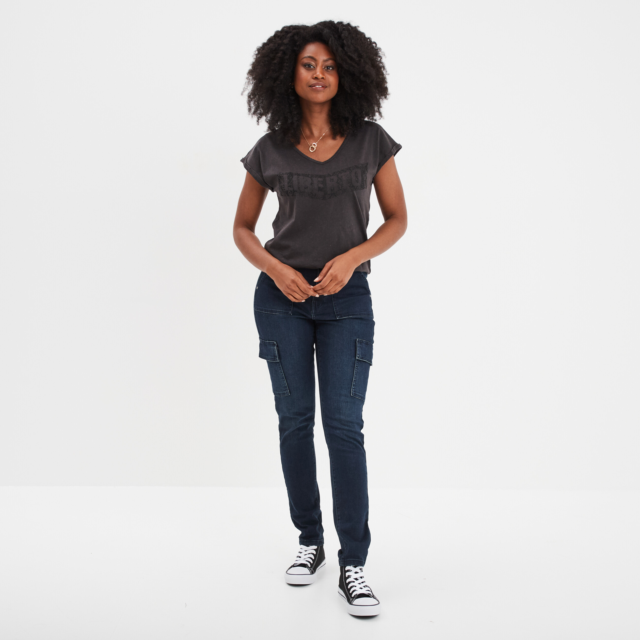 t shirt coton col en v manches courtes noir femme T-shirt coton col en V manches courtes noir femme