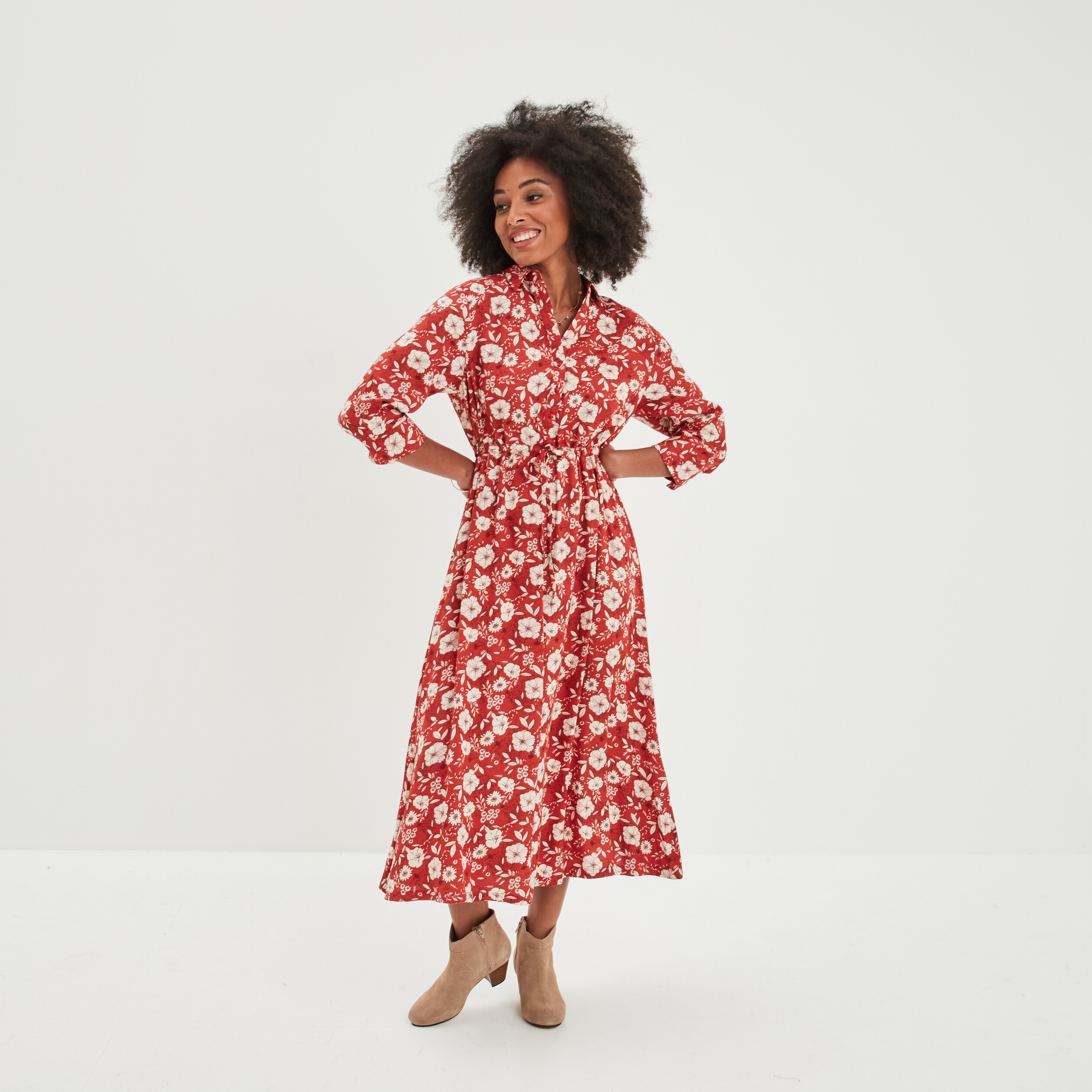 robe longue manches 34 boutonnee marron cognac femme Robe longue manches 3/4 boutonnée marron cognac femme
